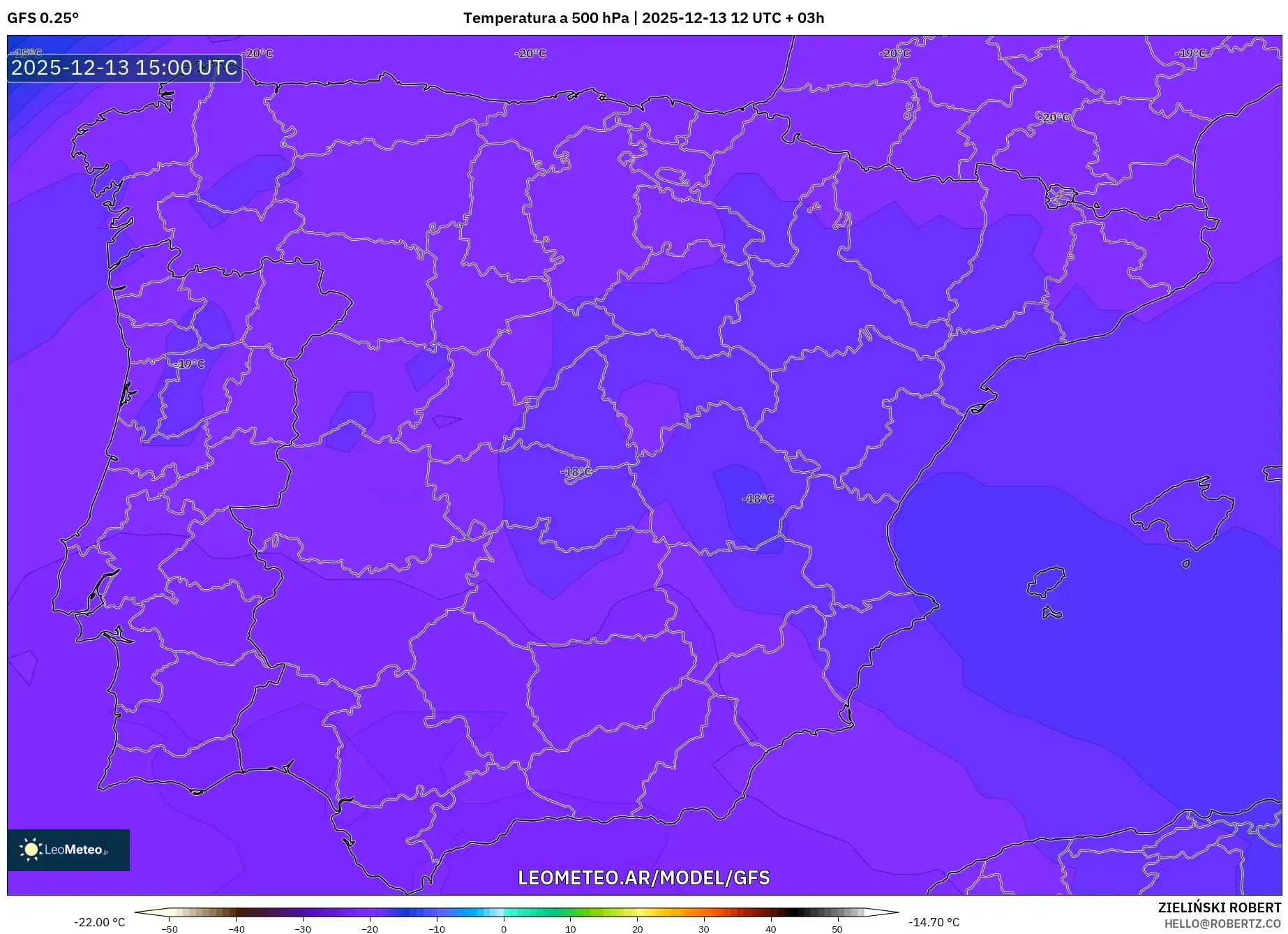 GFS model - España, Temperatura a 500 hPa