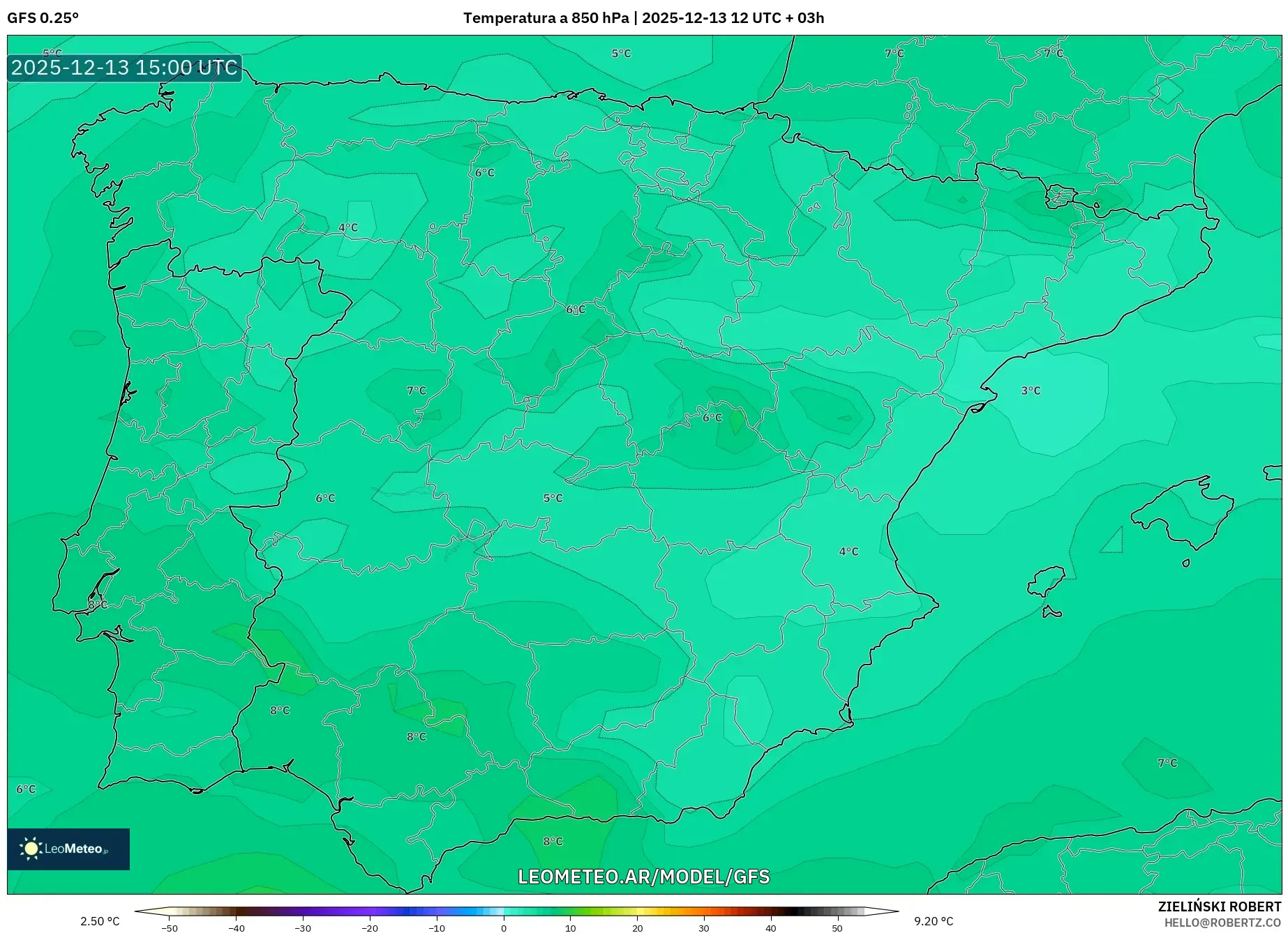 GFS model - España, Temperatura a 850 hPa