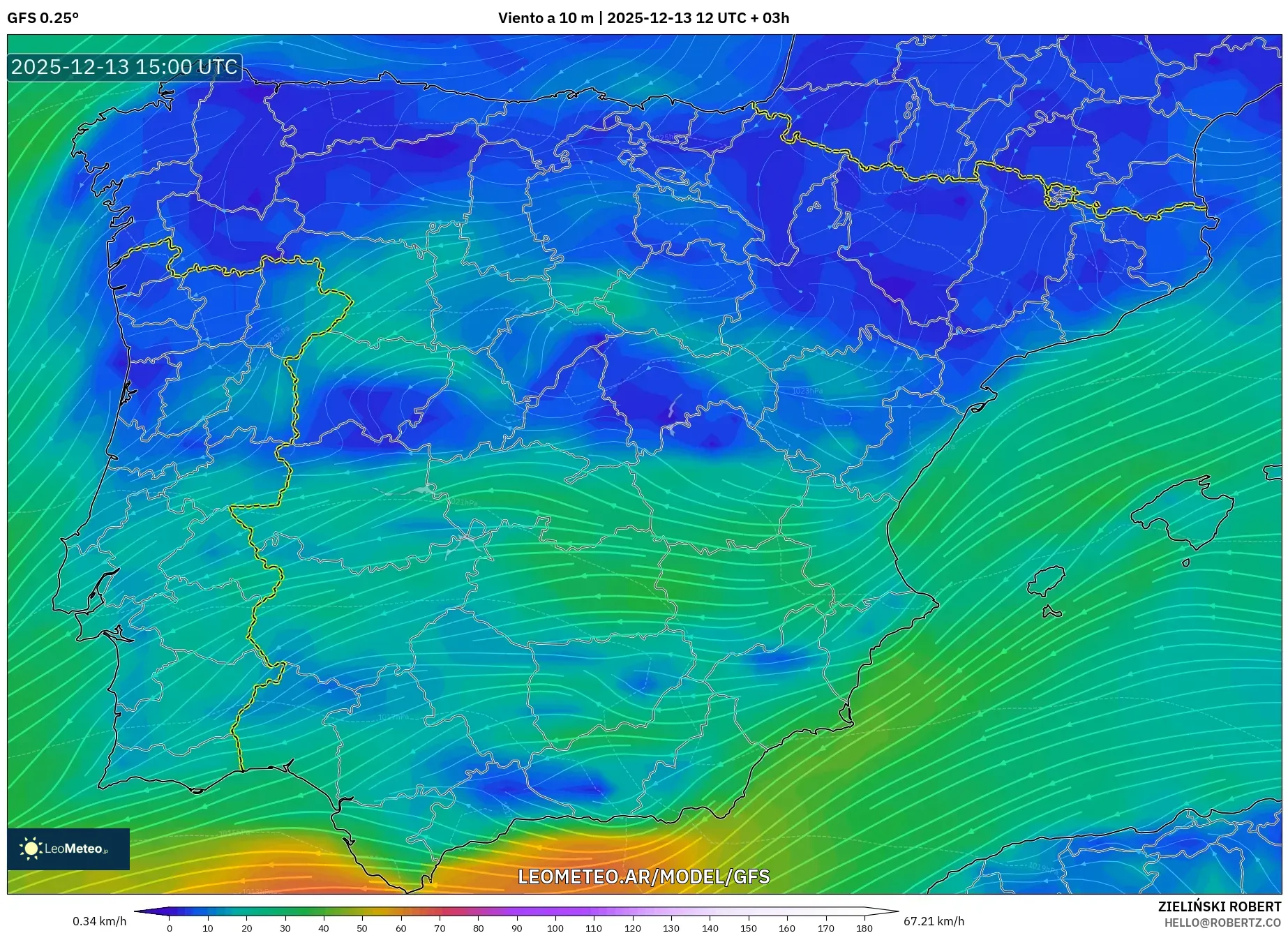 GFS model - España, Viento a 10 m