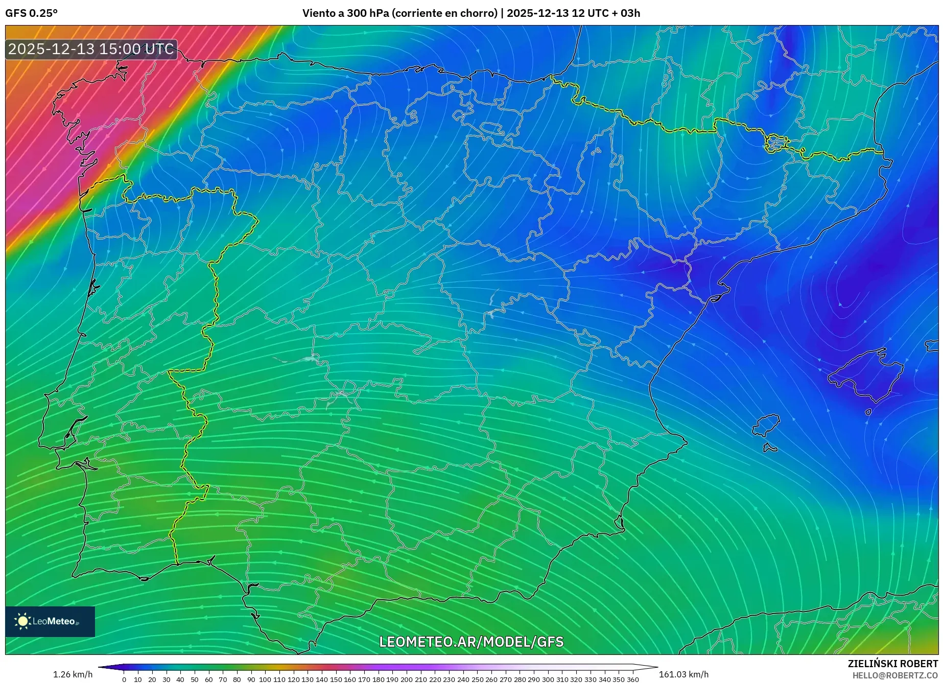 GFS model - España, Viento a 300 hPa (corriente en chorro)