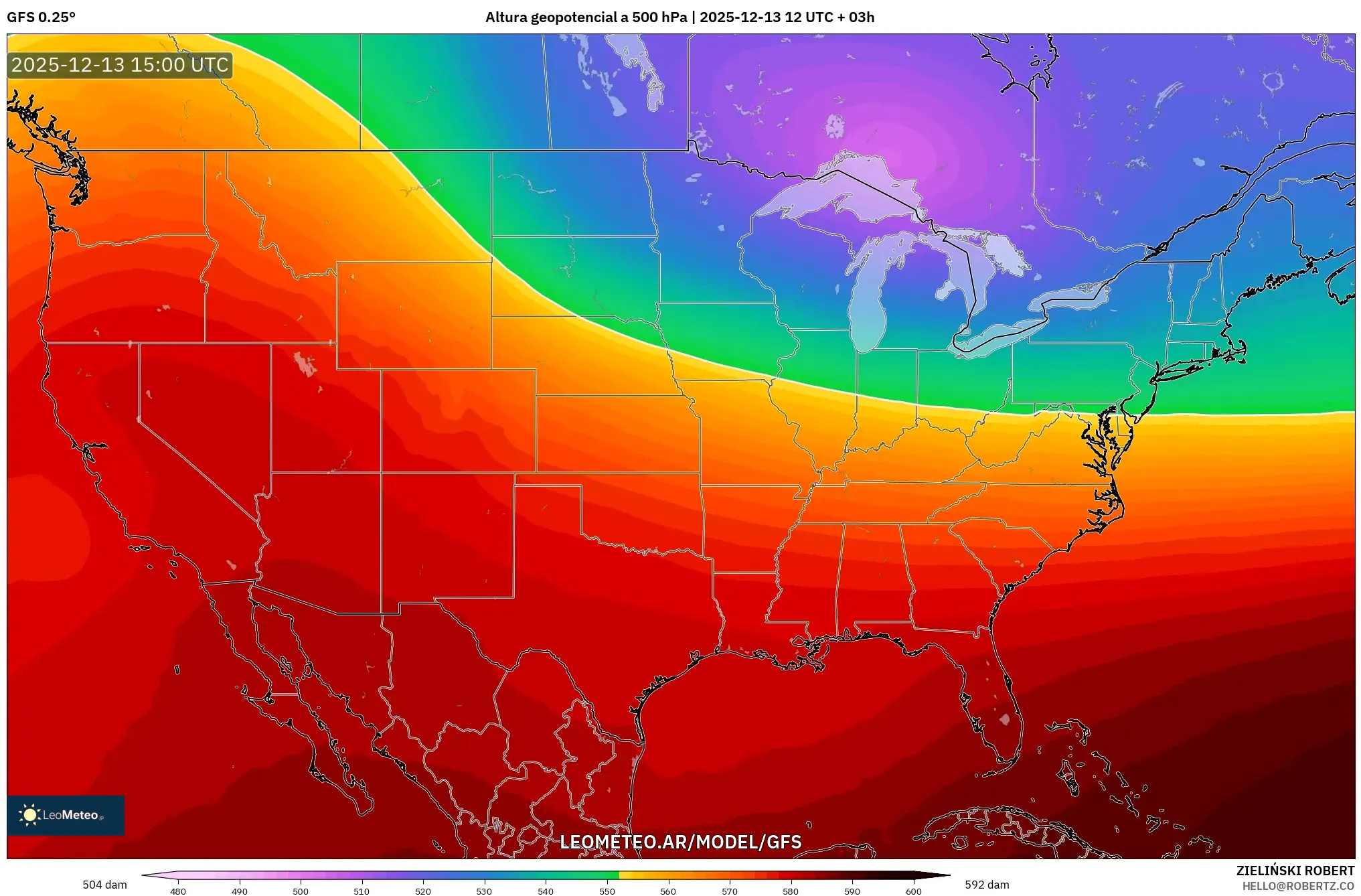 GFS model - Estados Unidos, Altura geopotencial a 500 hPa