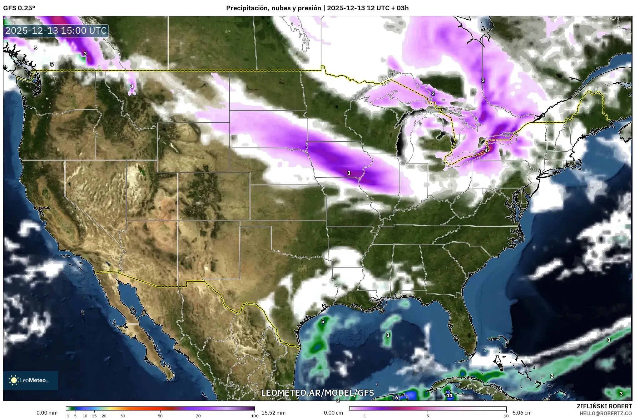 GFS model - Estados Unidos, Precipitación, nubes y presión