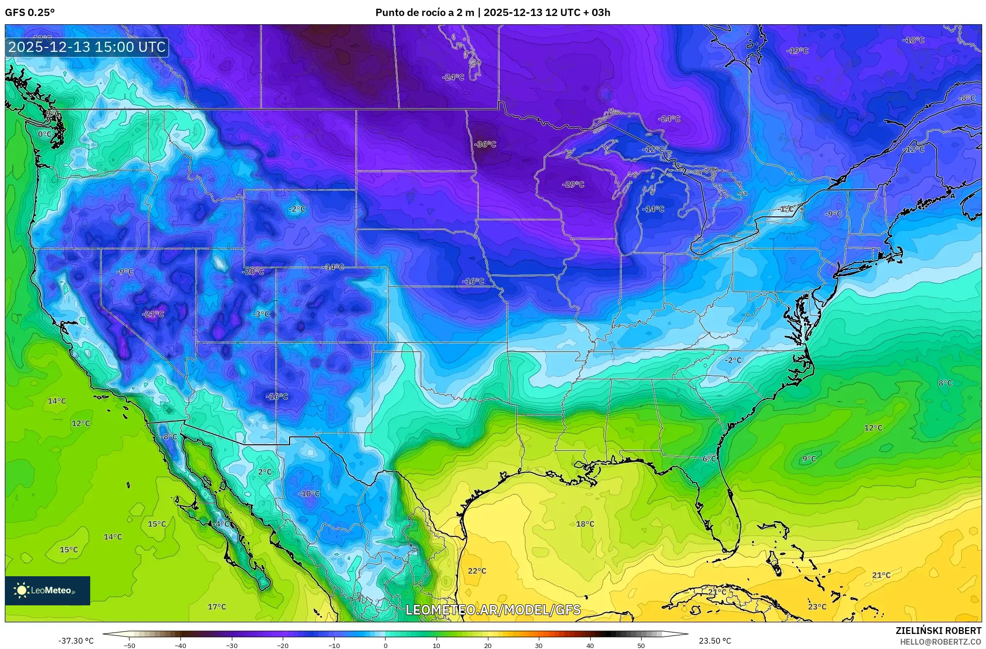 GFS model - Estados Unidos, Punto de rocío a 2 m