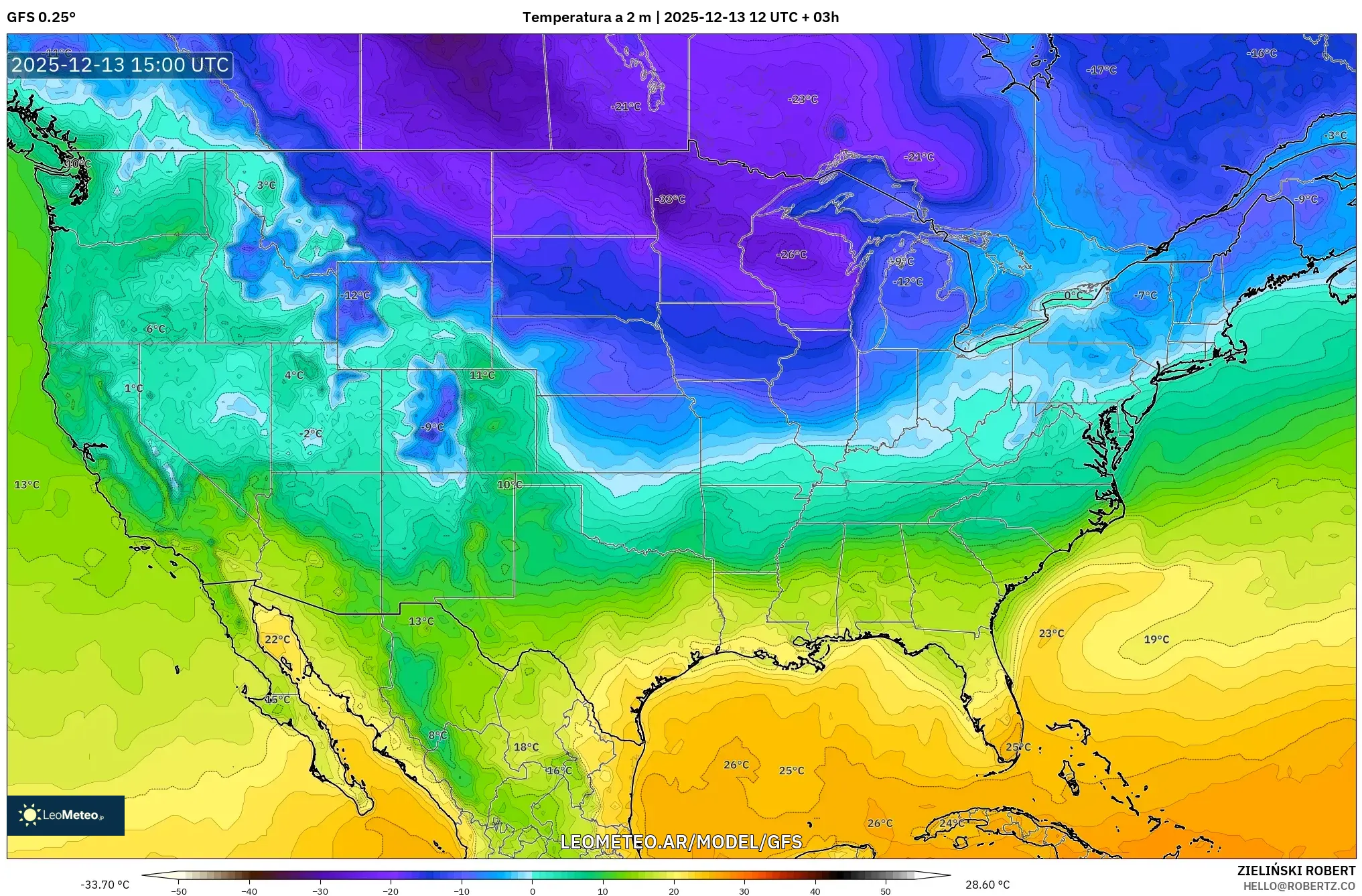 GFS model - Estados Unidos, Temperatura a 2 m