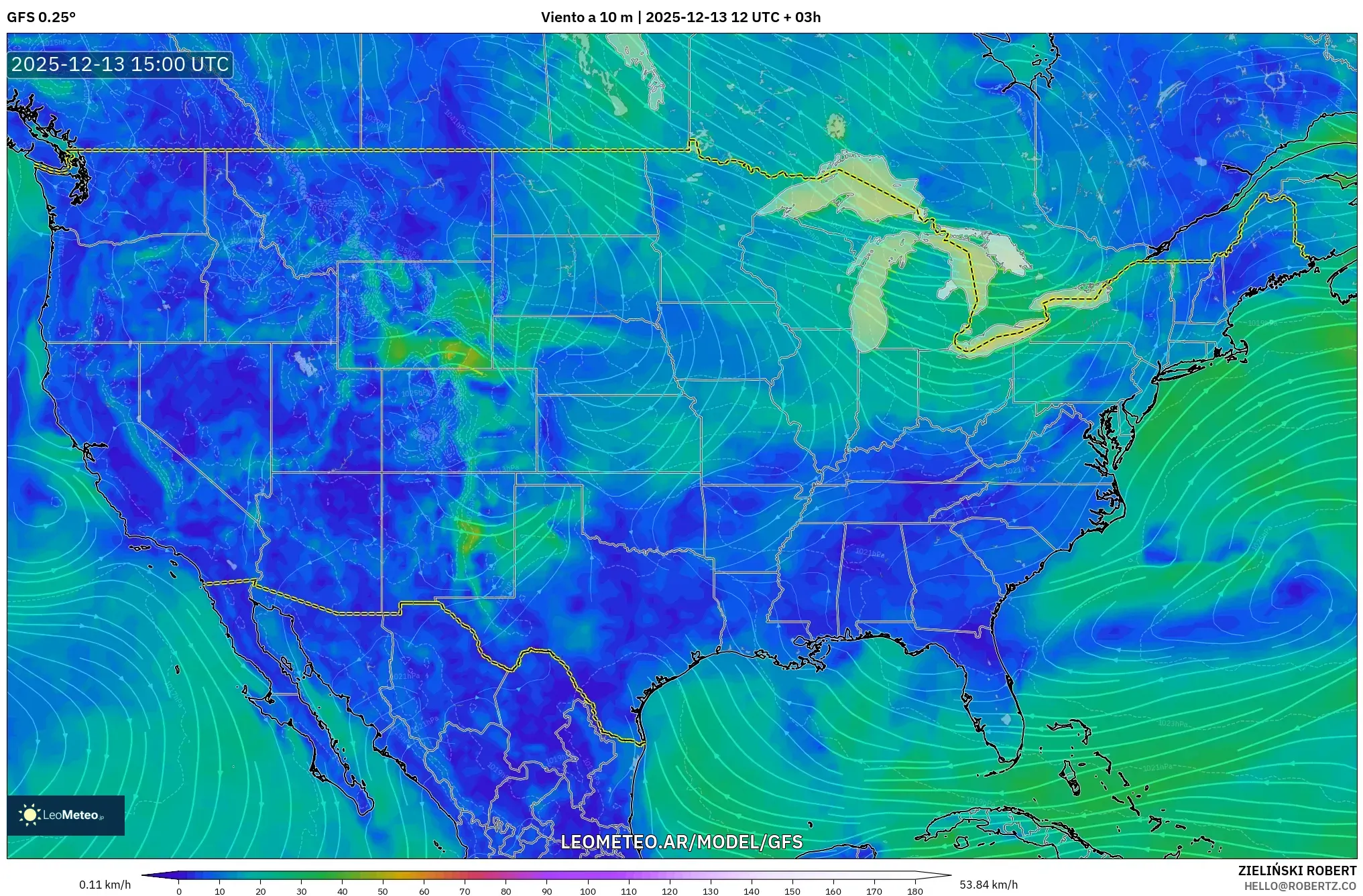 GFS model - Estados Unidos, Viento a 10 m