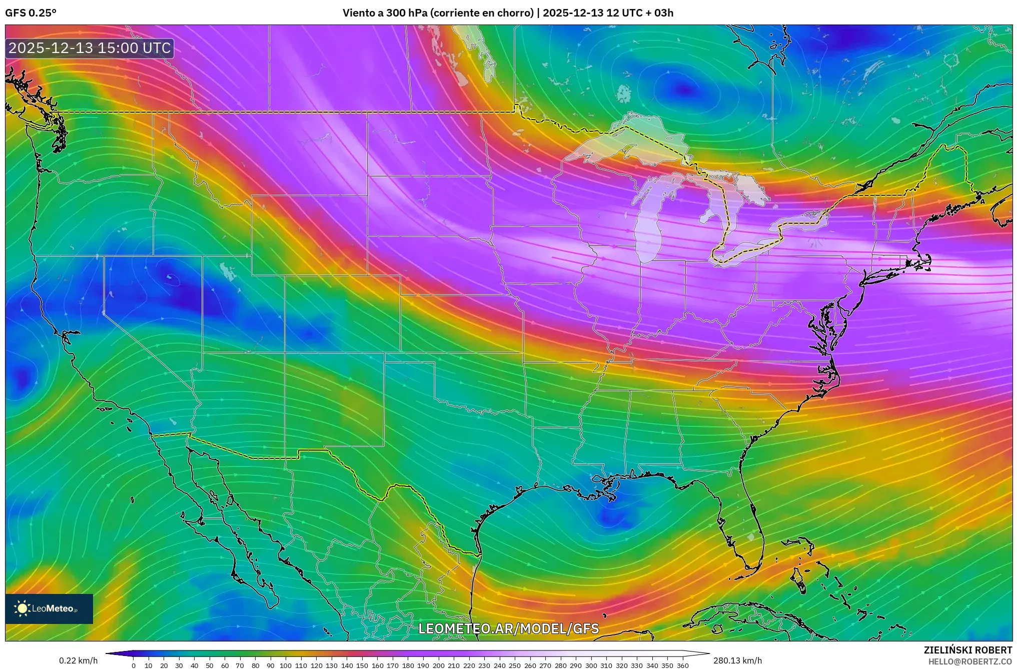 GFS model - Estados Unidos, Viento a 300 hPa (corriente en chorro)