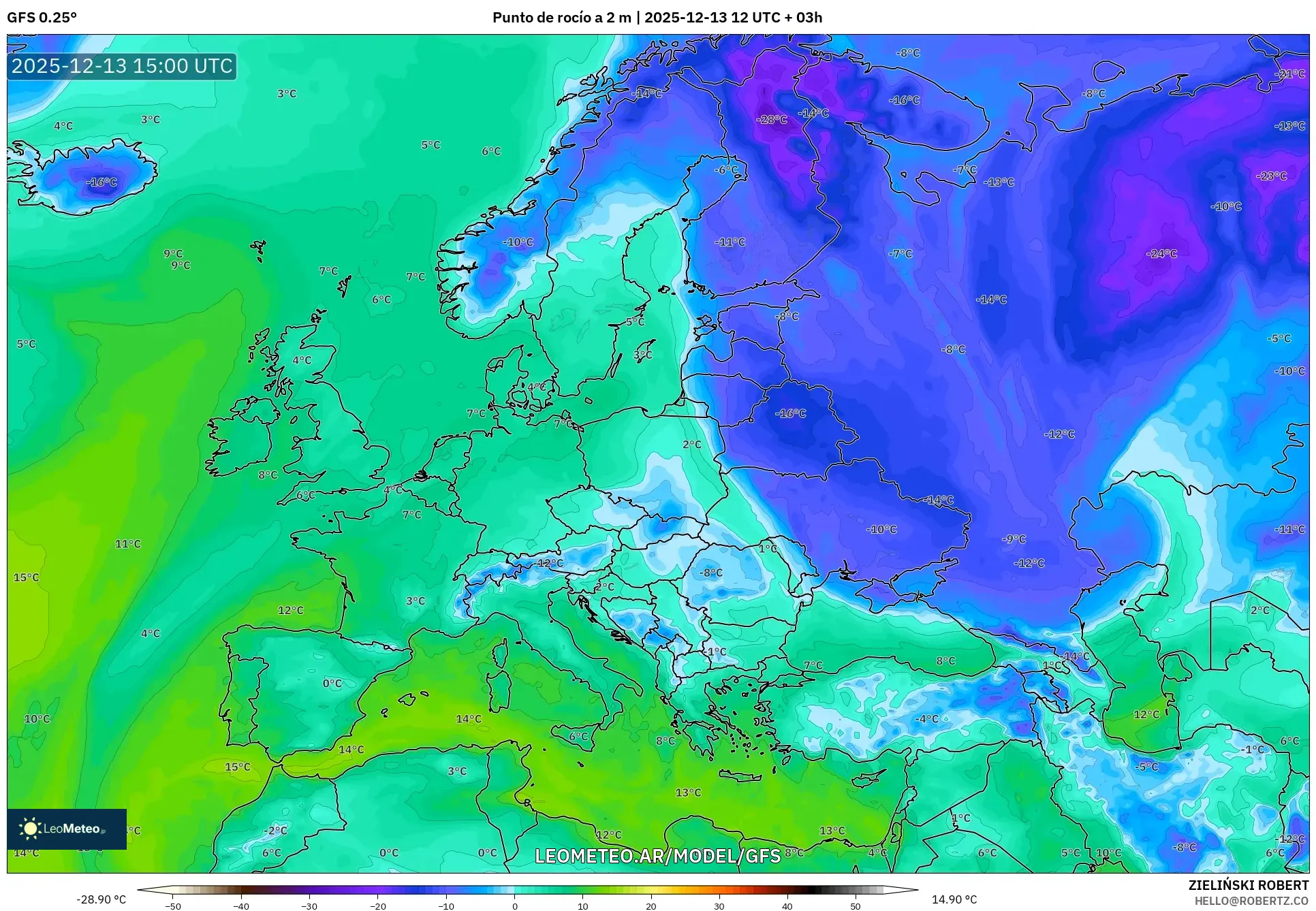 GFS model - Europa, Punto de rocío a 2 m