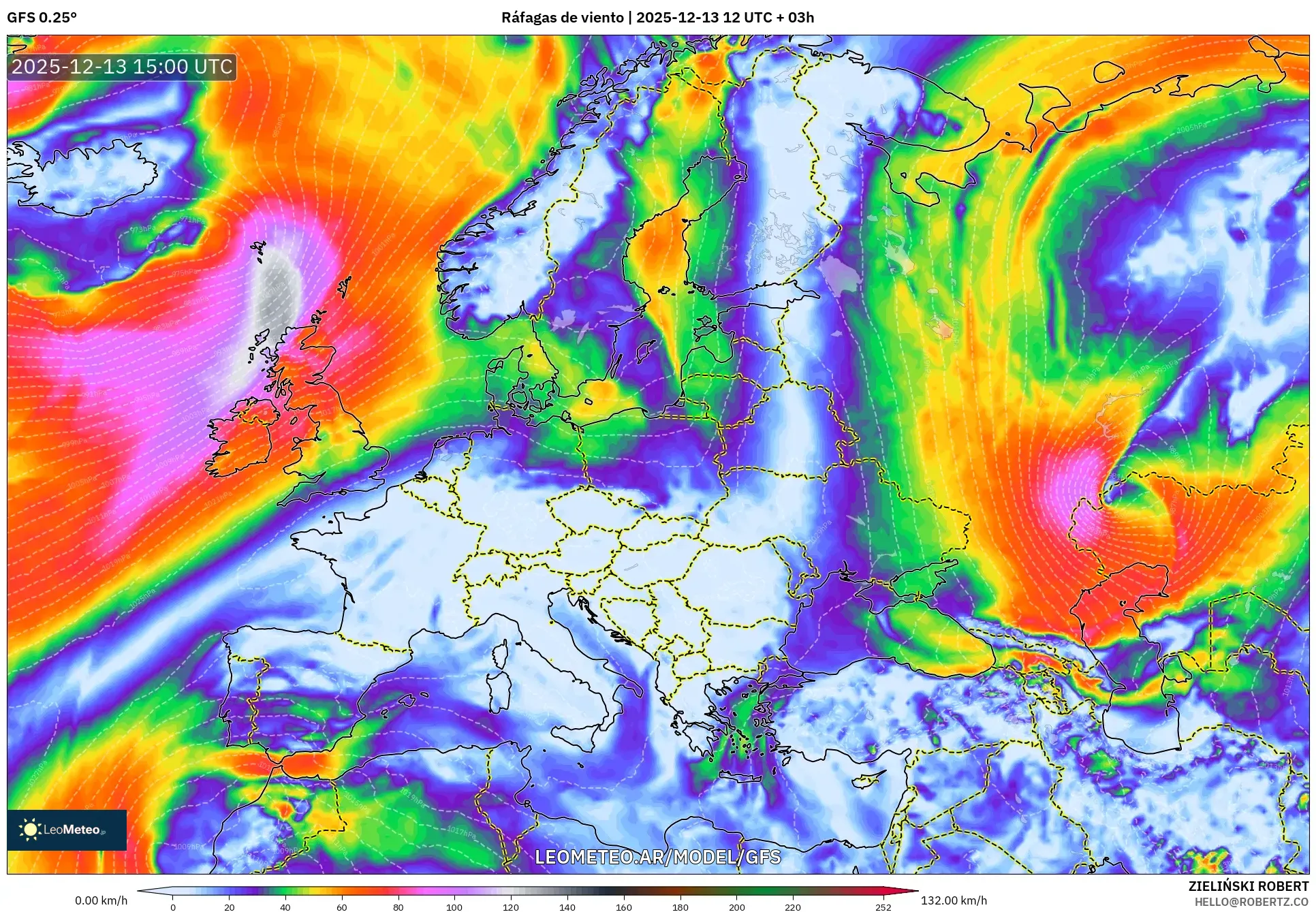 GFS model - Europa, Ráfagas de viento