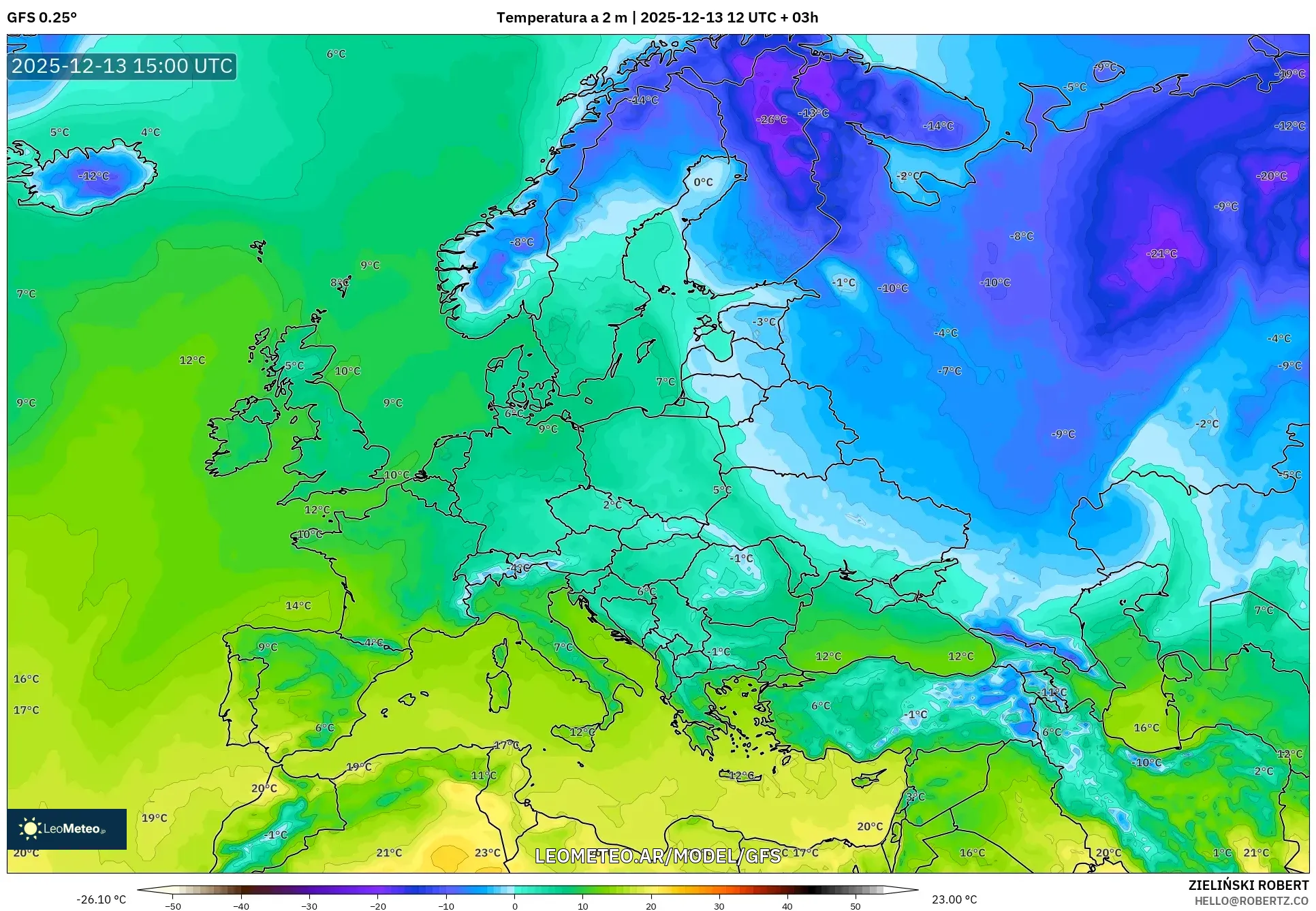 GFS model - Europa, Temperatura a 2 m