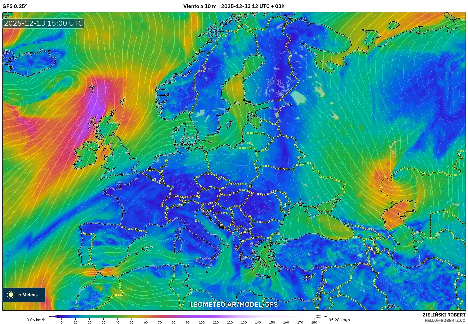 GFS model - Europa, Viento a 10 m