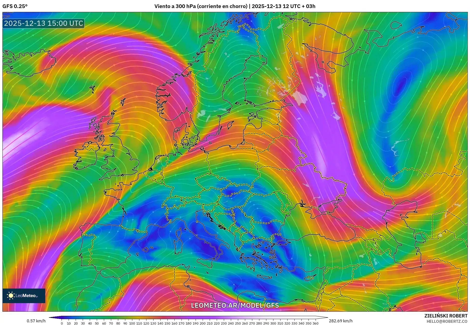GFS model - Europa, Viento a 300 hPa (corriente en chorro)