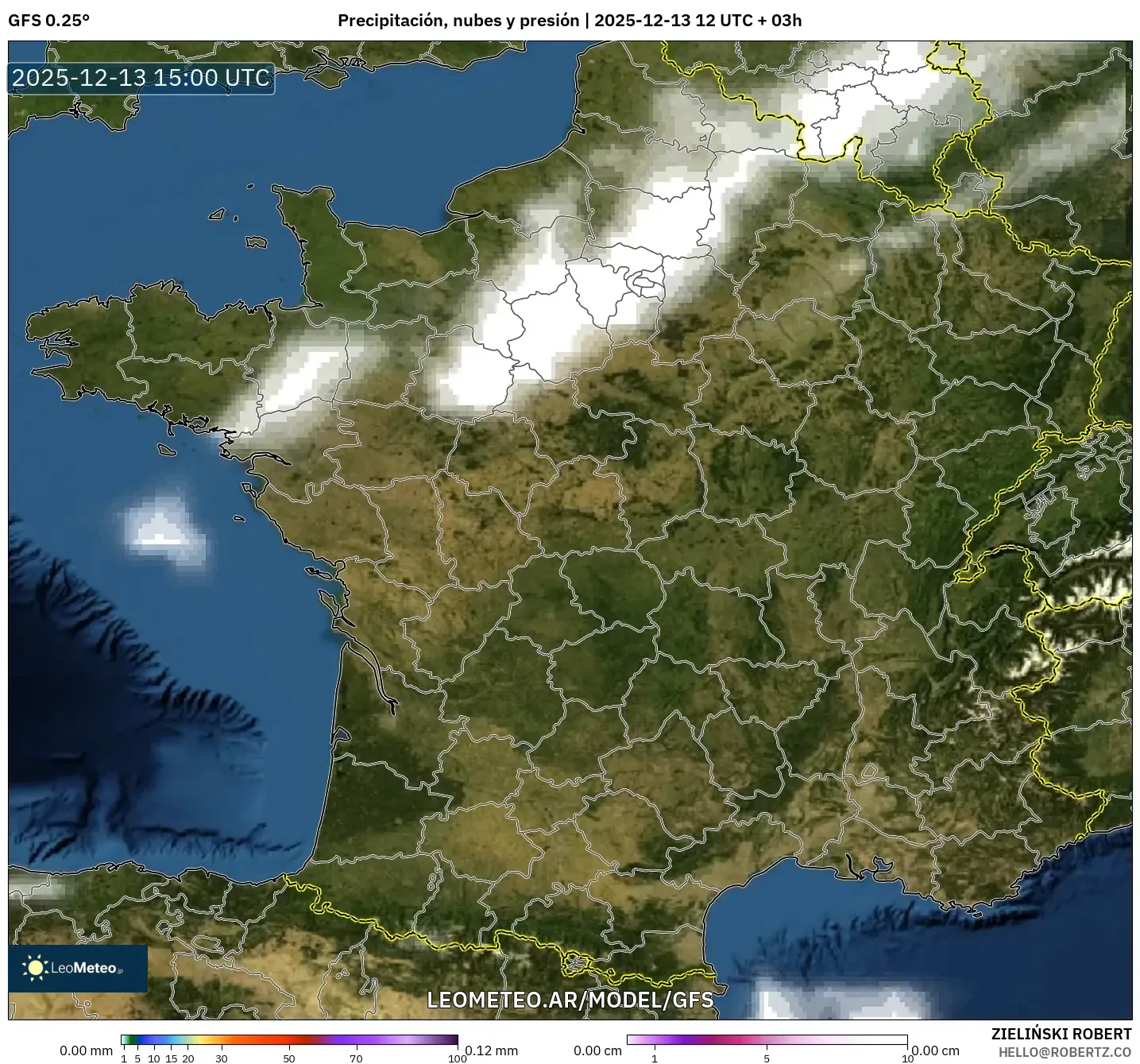GFS model - Francia, Precipitación, nubes y presión