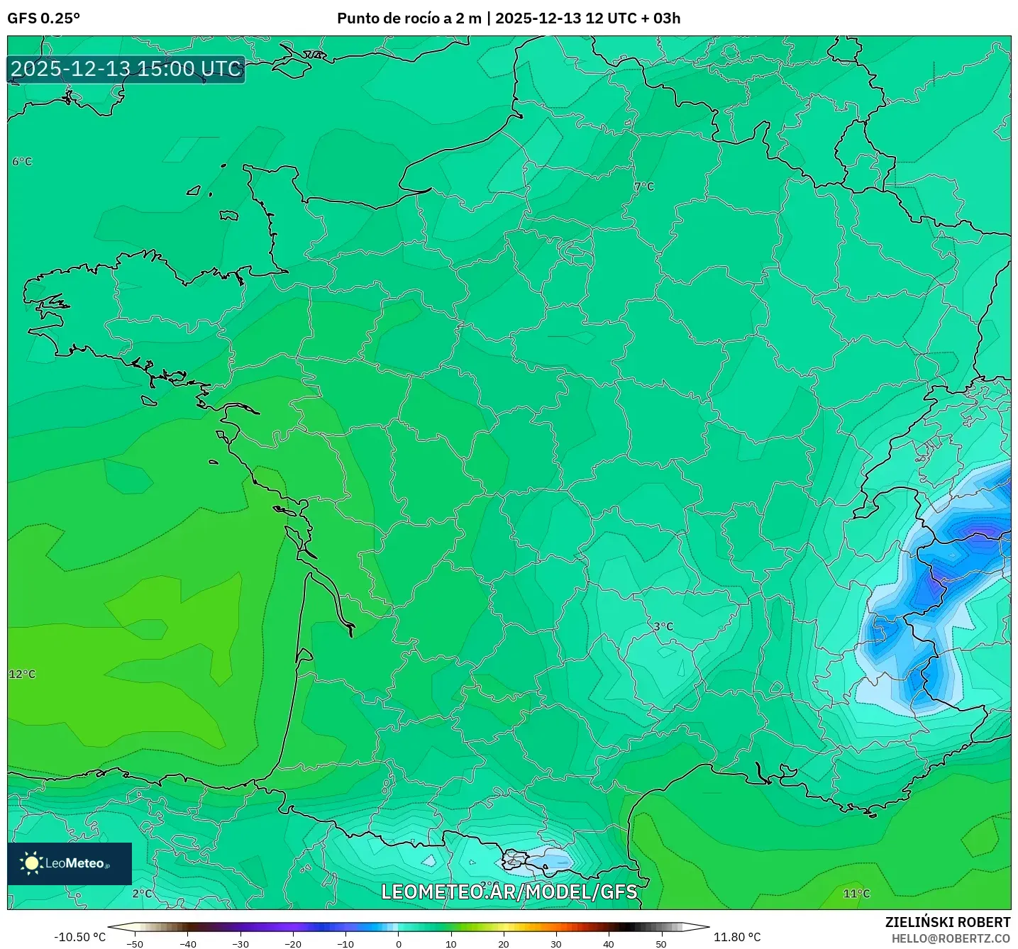 GFS model - Francia, Punto de rocío a 2 m