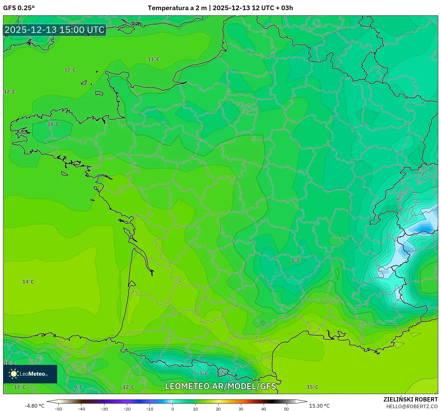 GFS model - Francia, Temperatura a 2 m