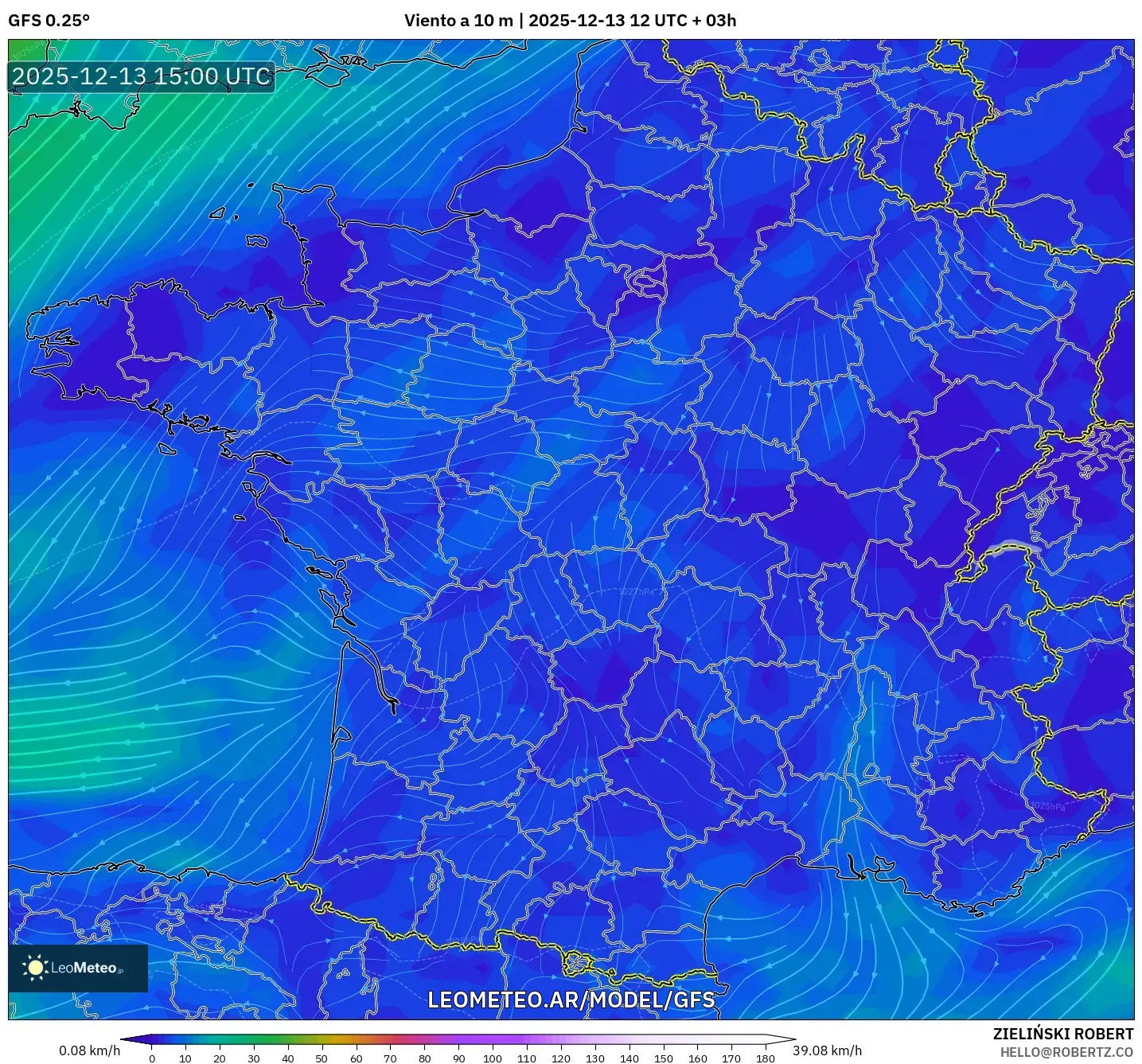 GFS model - Francia, Viento a 10 m