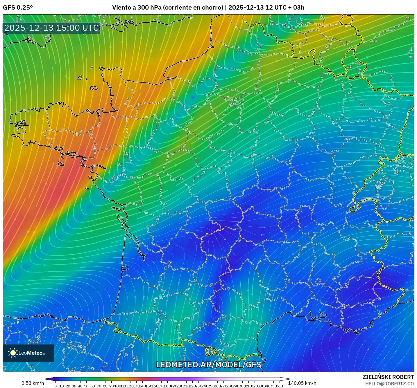 GFS model - Francia, Viento a 300 hPa (corriente en chorro)