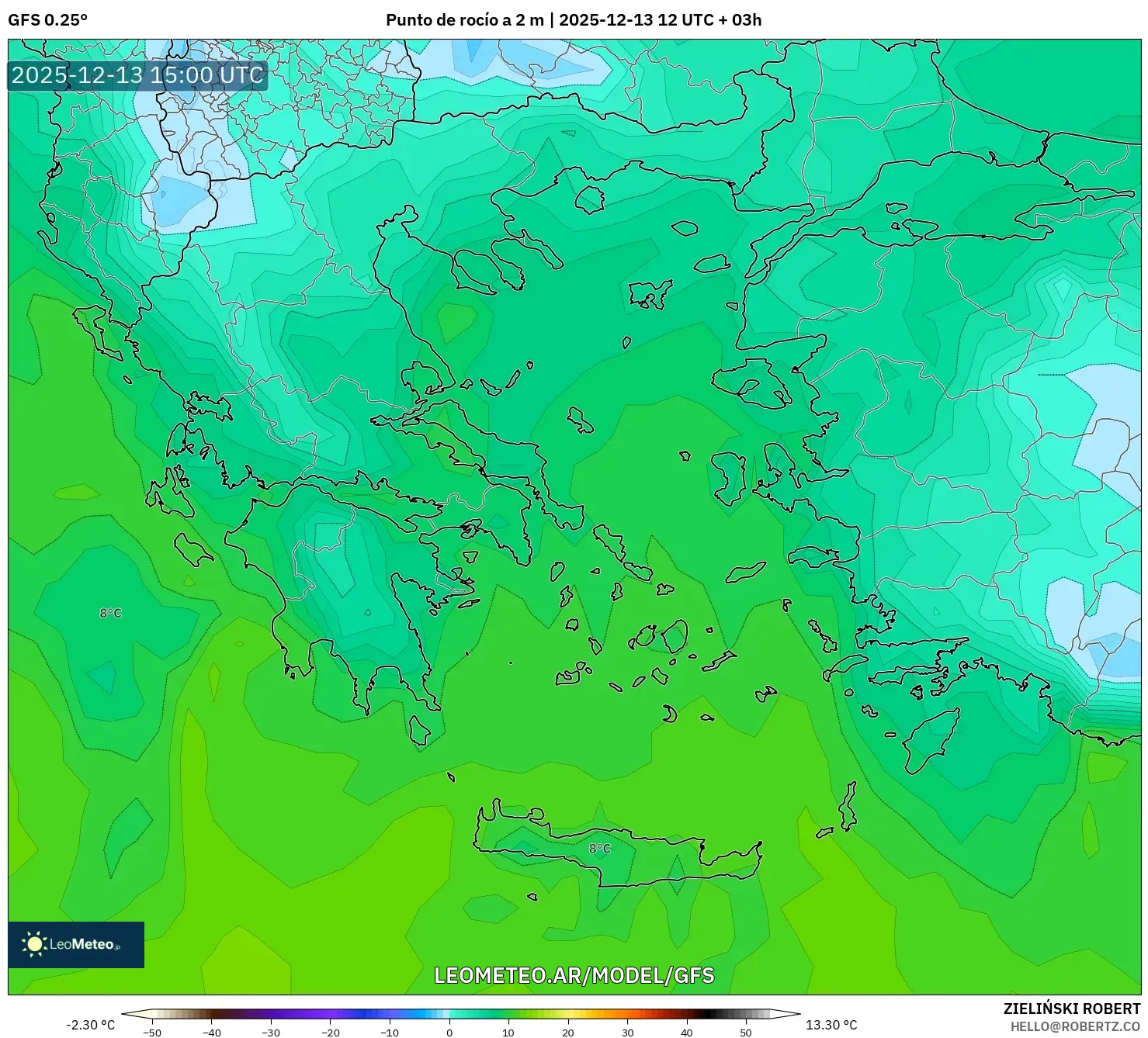 GFS model - Grecia, Punto de rocío a 2 m
