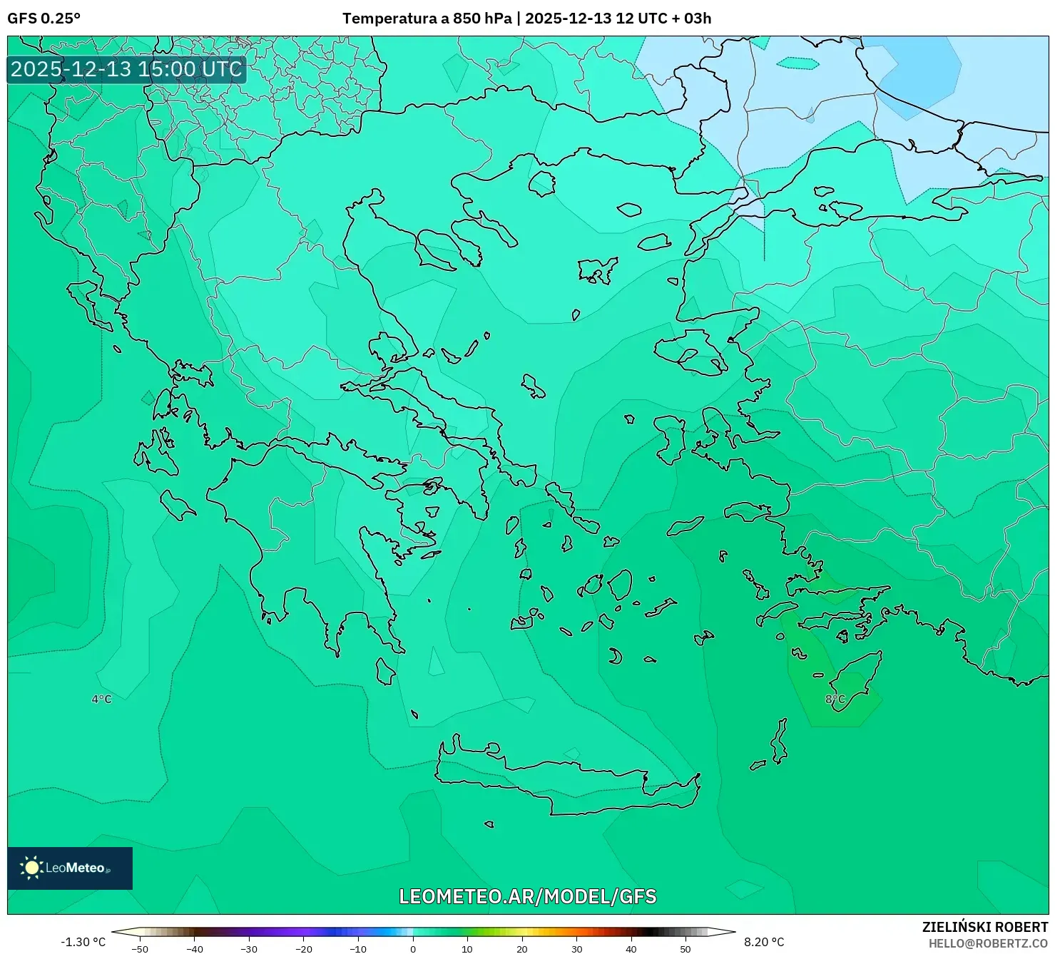 GFS model - Grecia, Temperatura a 850 hPa