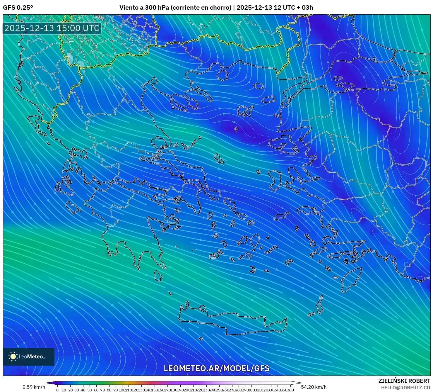 GFS model - Grecia, Viento a 300 hPa (corriente en chorro)