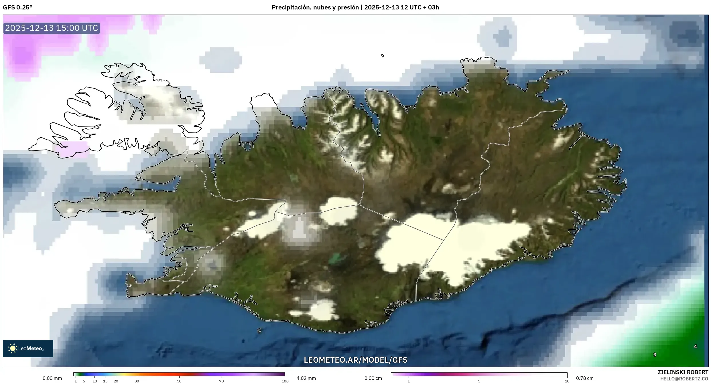 GFS model - Islandia, Precipitación, nubes y presión