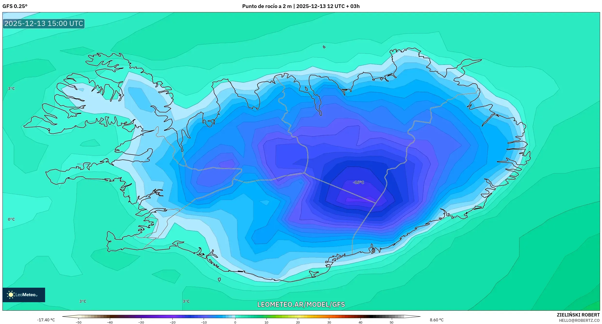 GFS model - Islandia, Punto de rocío a 2 m