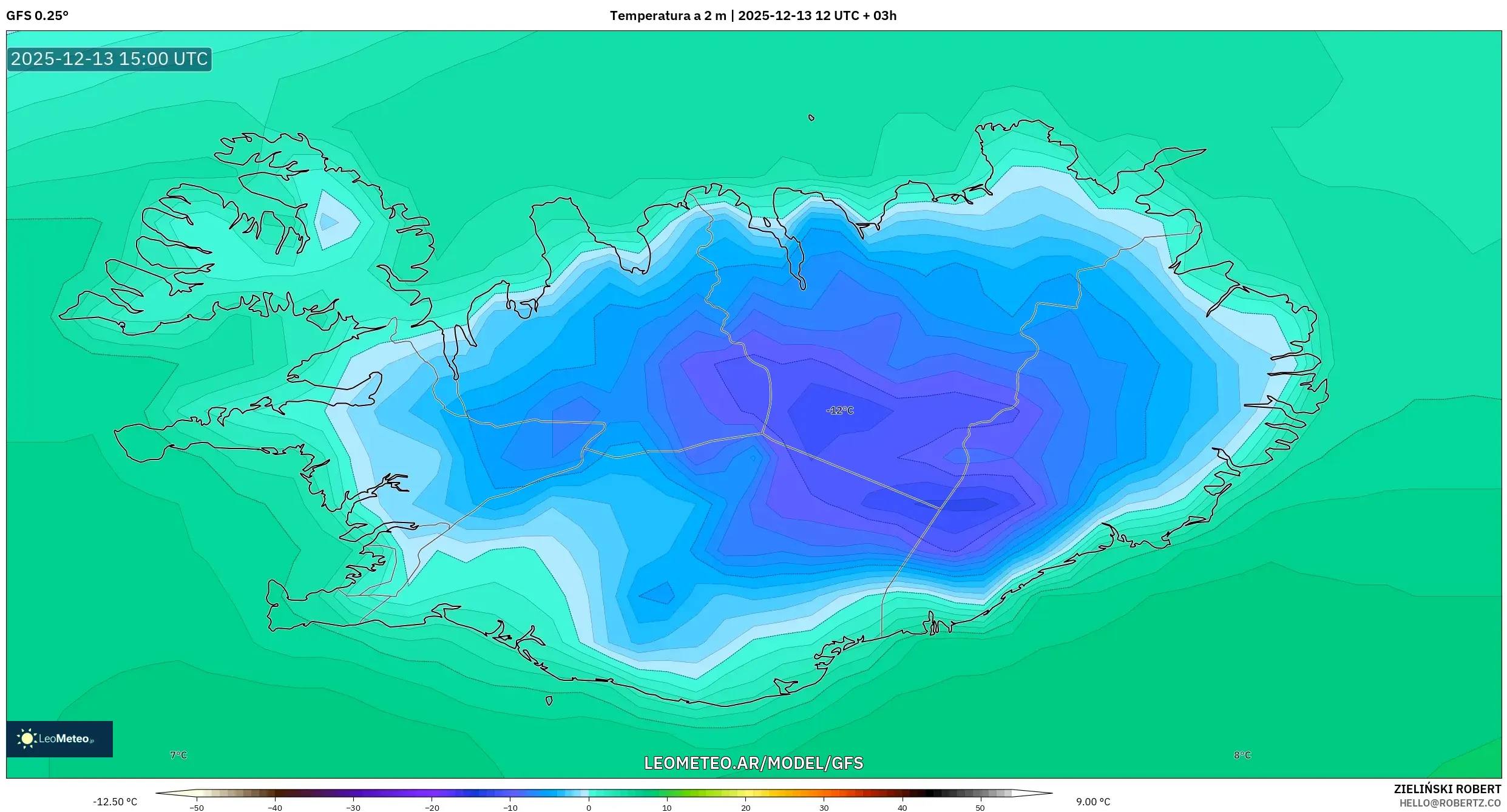 GFS model - Islandia, Temperatura a 2 m
