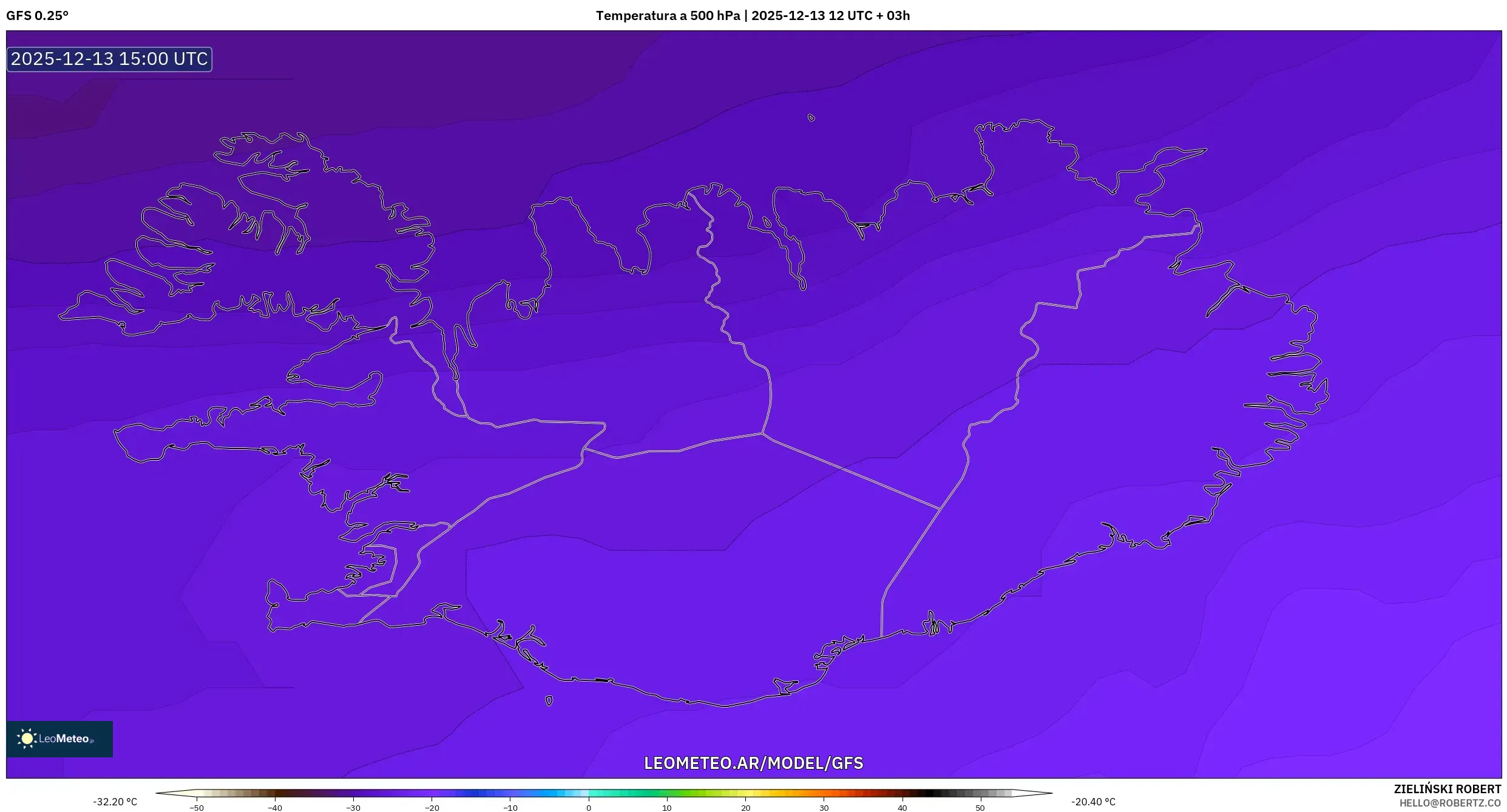 GFS model - Islandia, Temperatura a 500 hPa