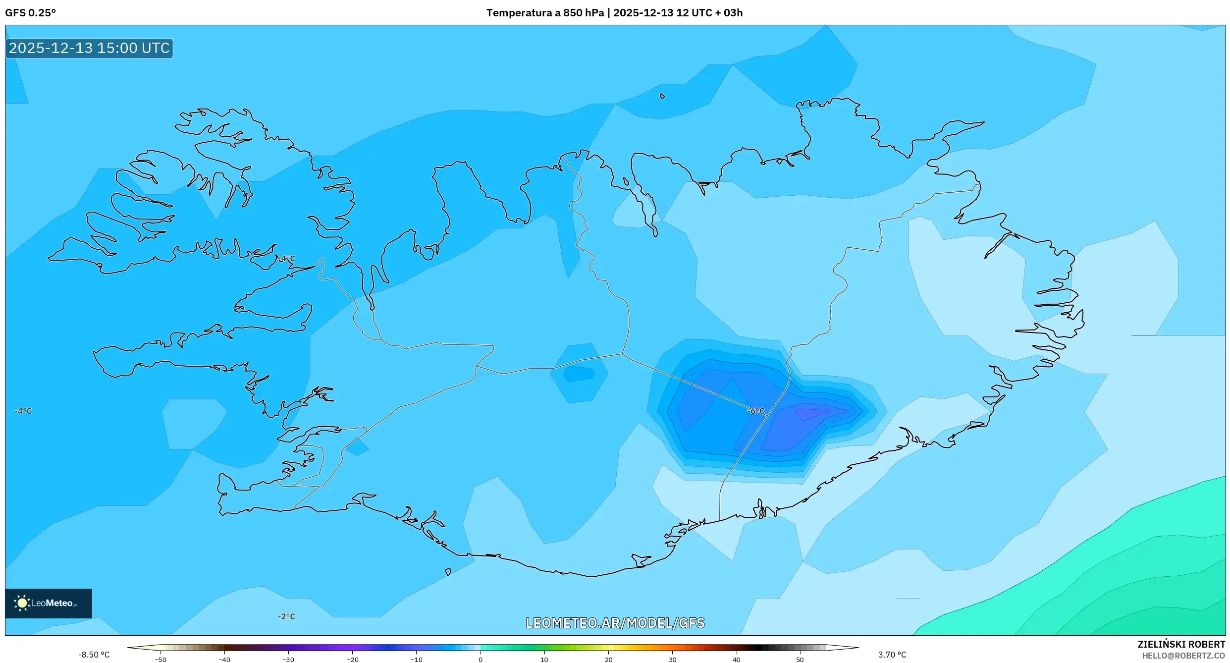 GFS model - Islandia, Temperatura a 850 hPa