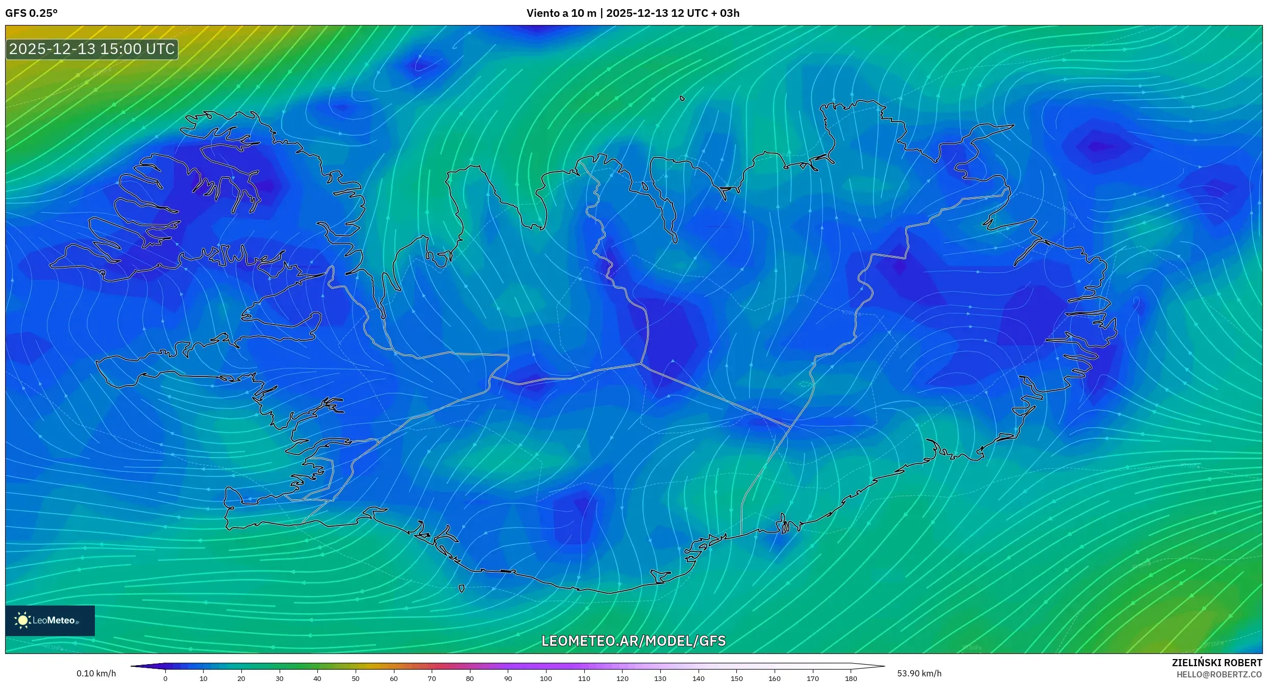 GFS model - Islandia, Viento a 10 m