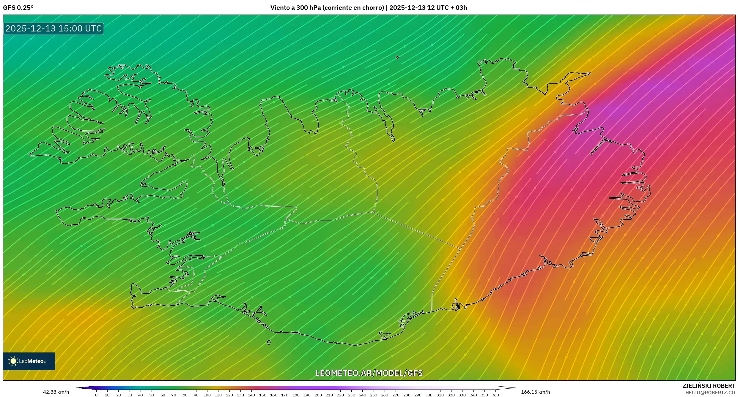 GFS model - Islandia, Viento a 300 hPa (corriente en chorro)