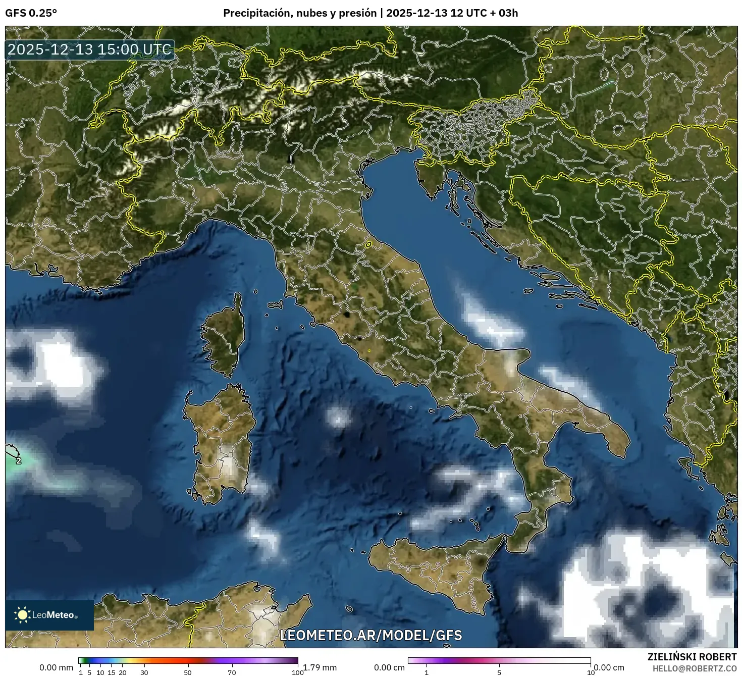 GFS model - Italia, Precipitación, nubes y presión