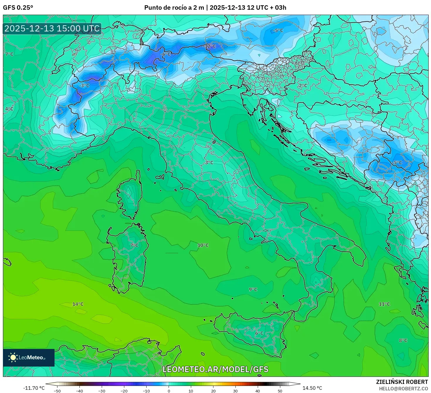 GFS model - Italia, Punto de rocío a 2 m