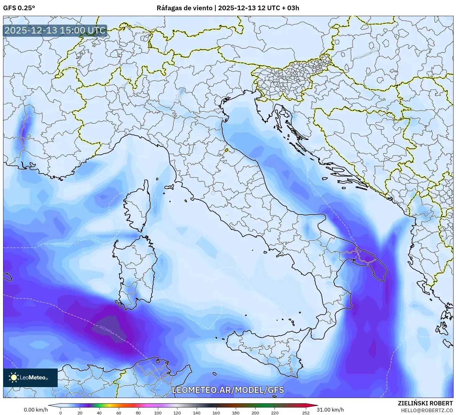 GFS model - Italia, Ráfagas de viento