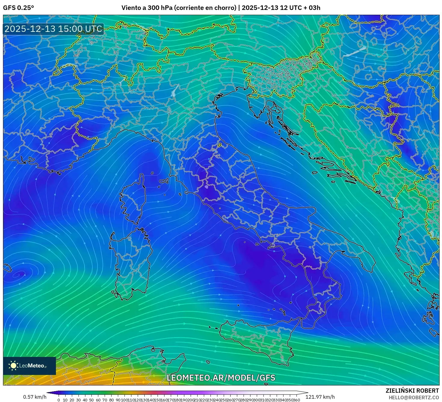 GFS model - Italia, Viento a 300 hPa (corriente en chorro)