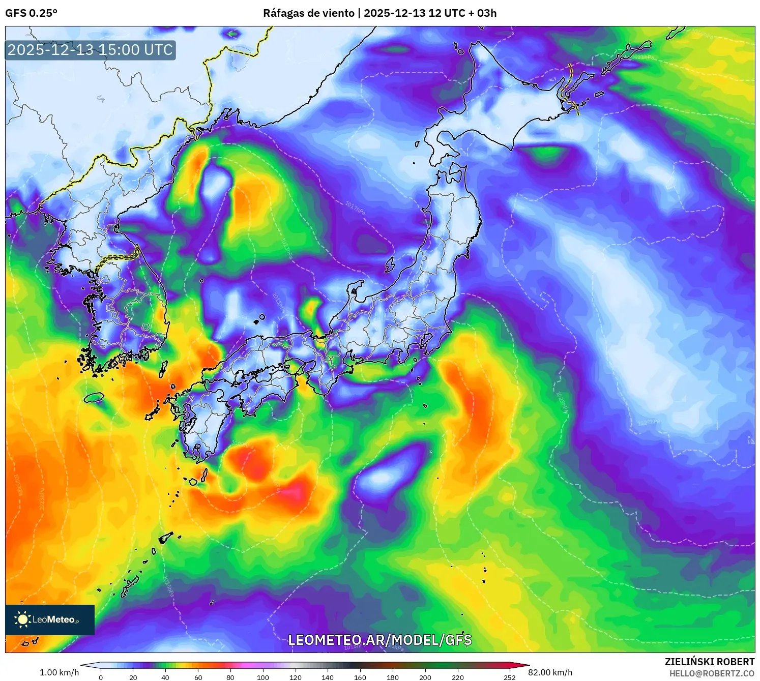 GFS model - Japón, Ráfagas de viento