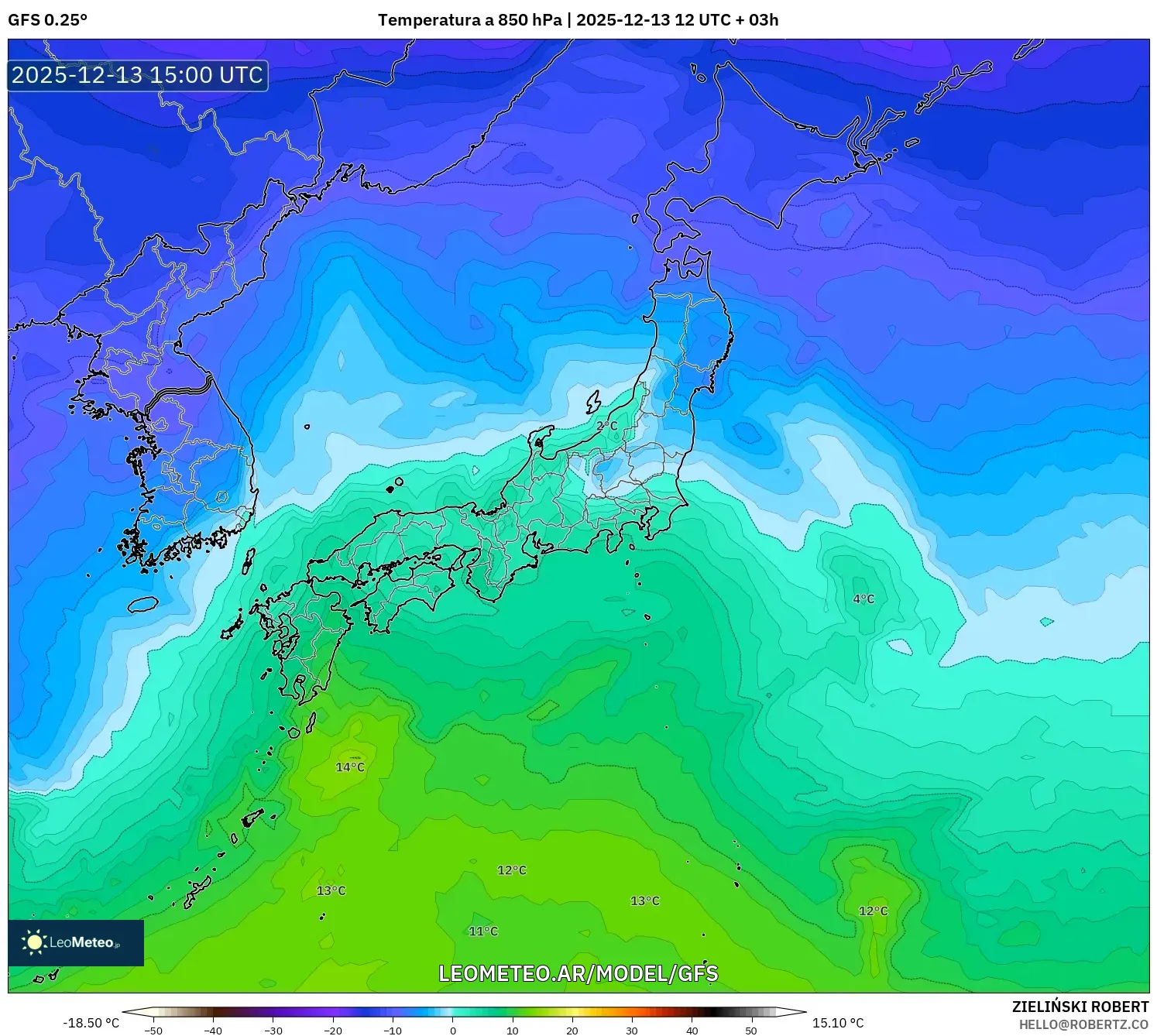 GFS model - Japón, Temperatura a 850 hPa