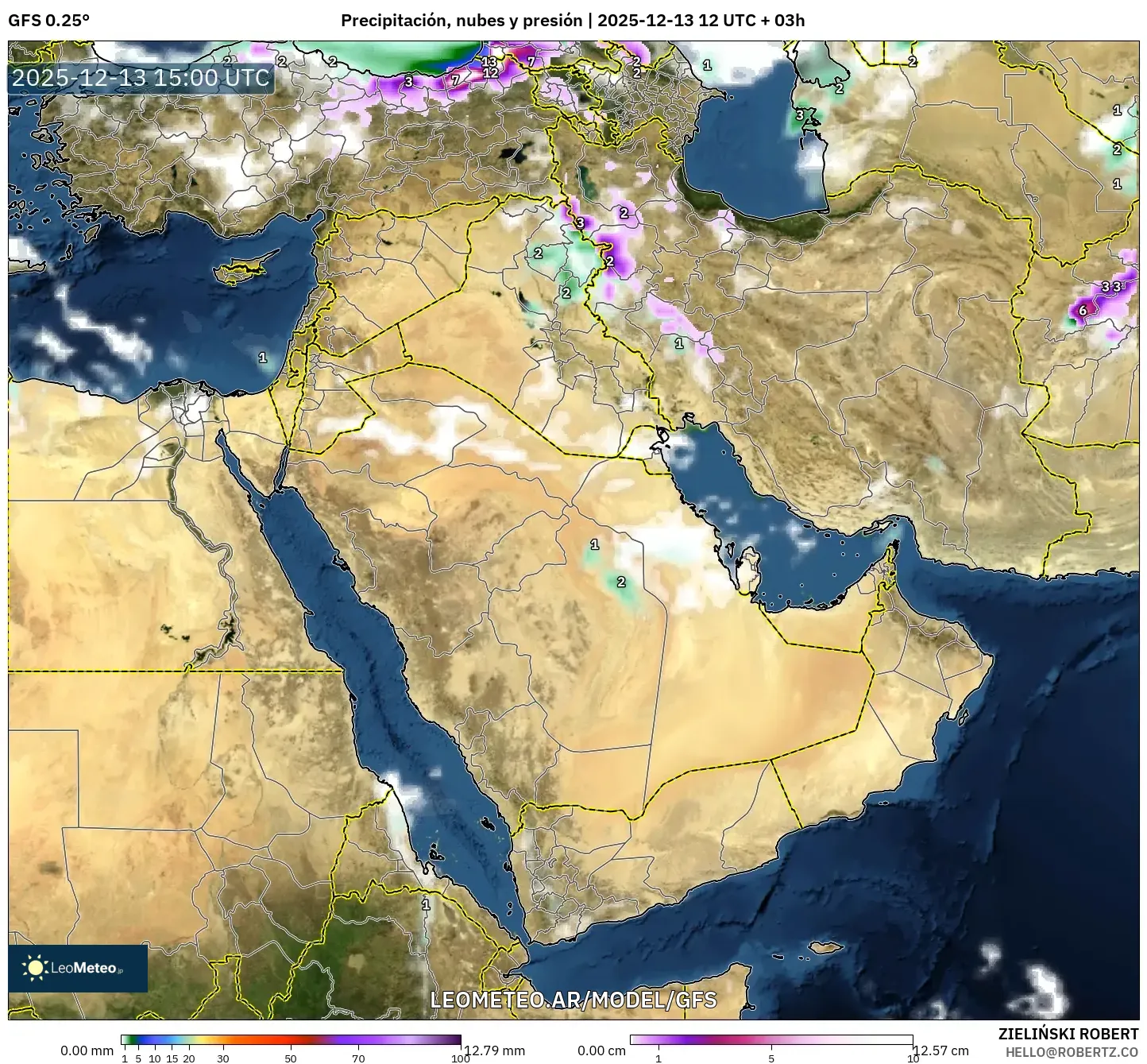 GFS model - Oriente Medio, Precipitación, nubes y presión