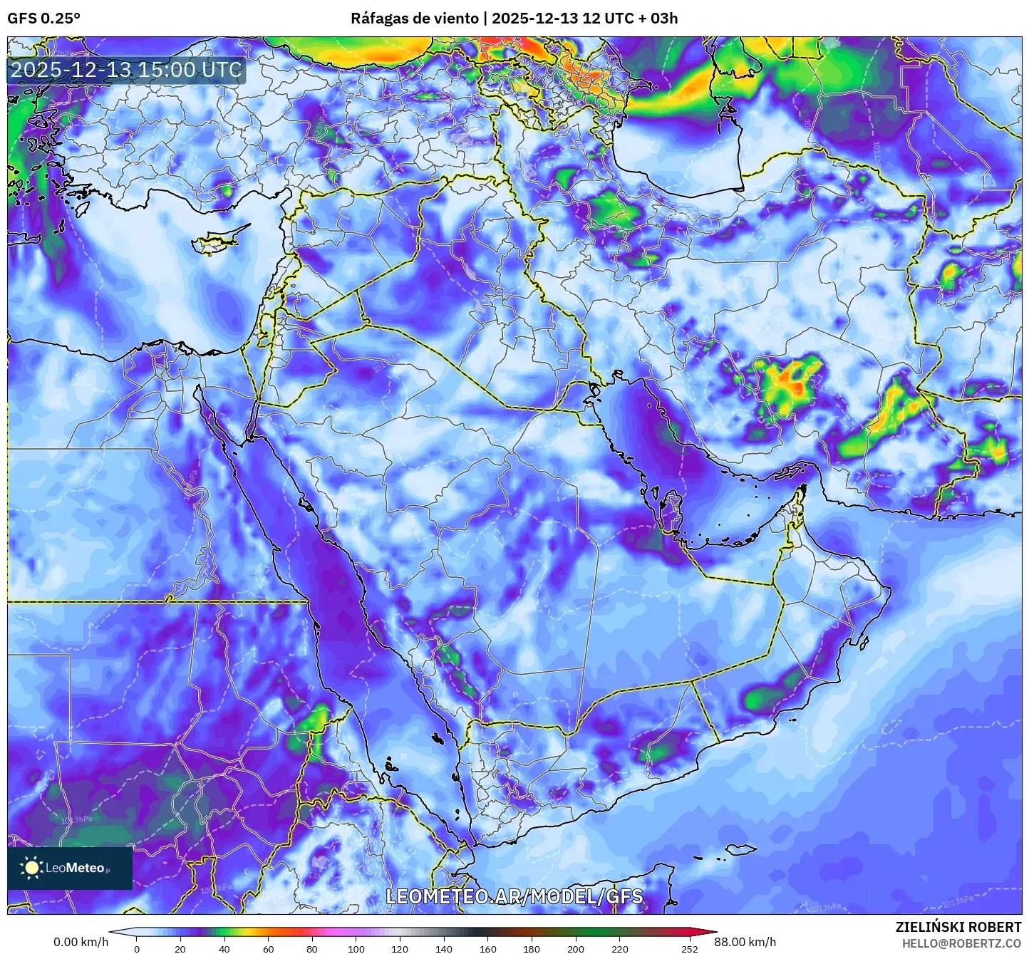 GFS model - Oriente Medio, Ráfagas de viento