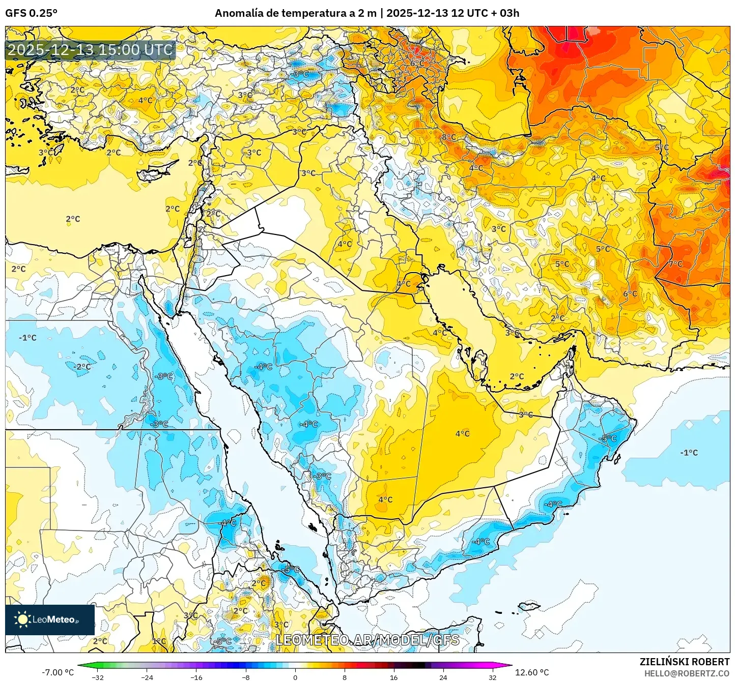 GFS model - Oriente Medio, Anomalía de temperatura a 2 m
