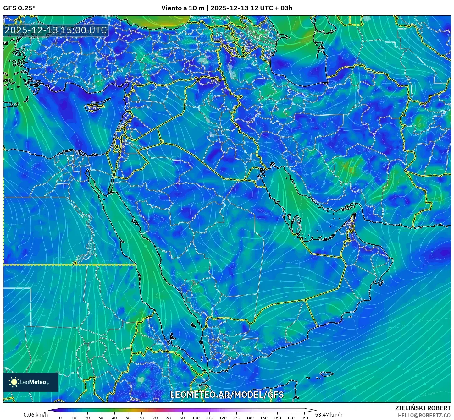 GFS model - Oriente Medio, Viento a 10 m