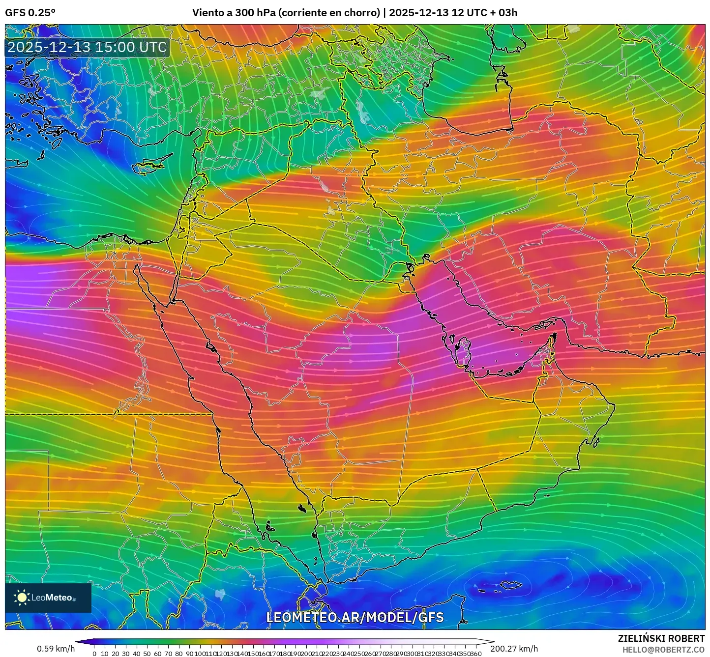 GFS model - Oriente Medio, Viento a 300 hPa (corriente en chorro)