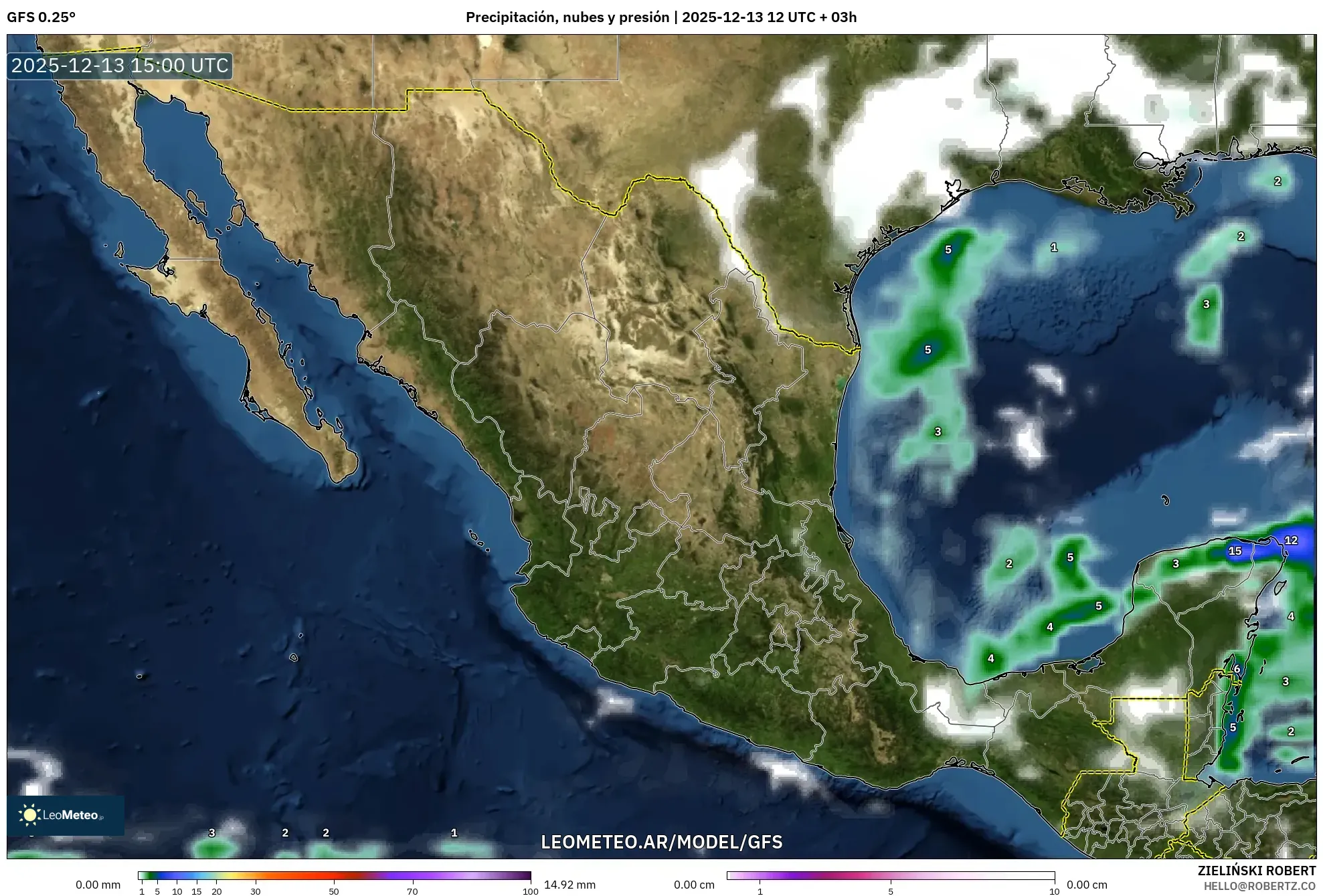 GFS model - México, Precipitación, nubes y presión