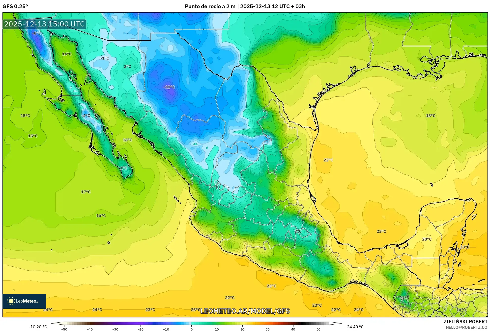 GFS model - México, Punto de rocío a 2 m