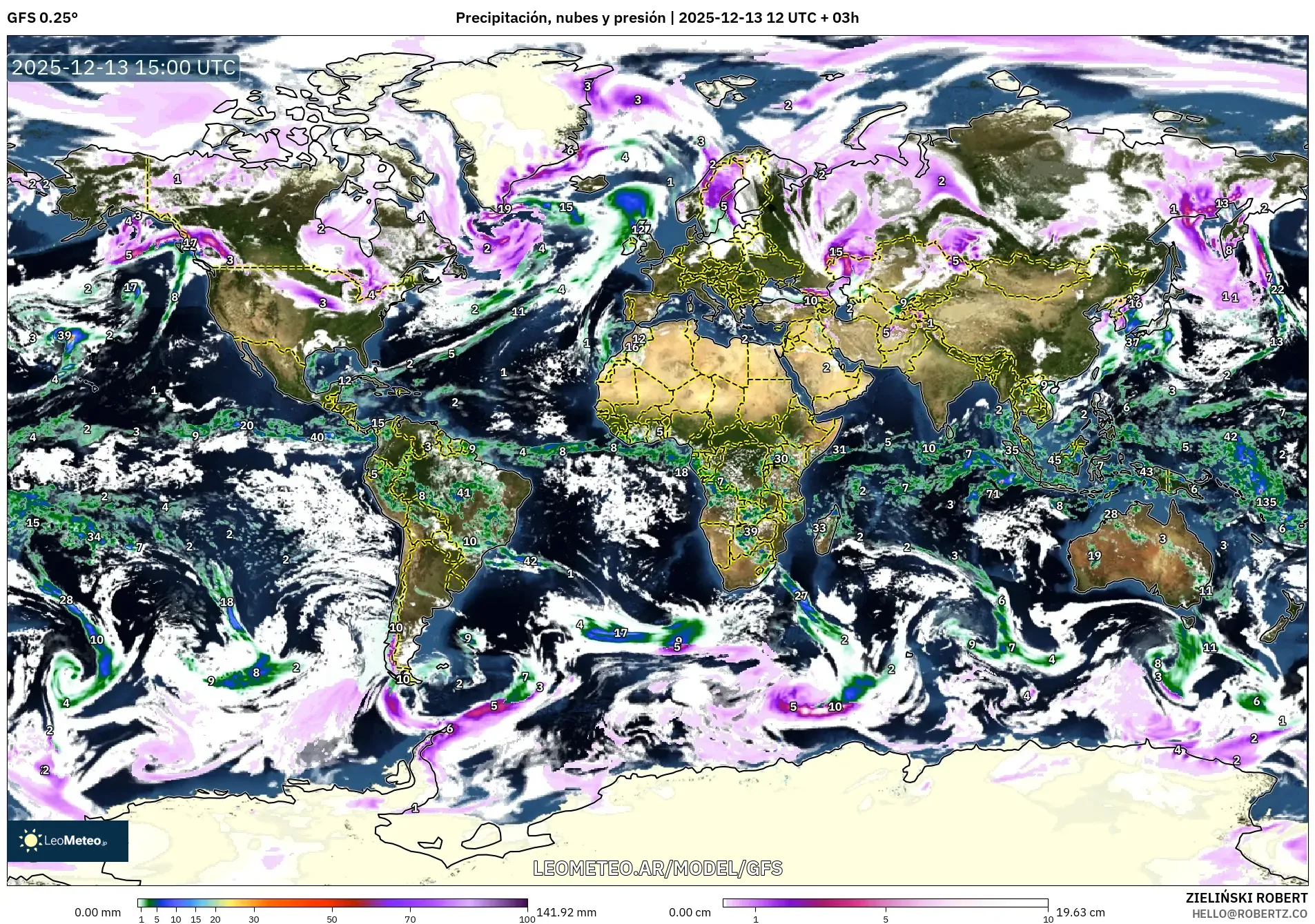 GFS model - Mundo, Precipitación, nubes y presión