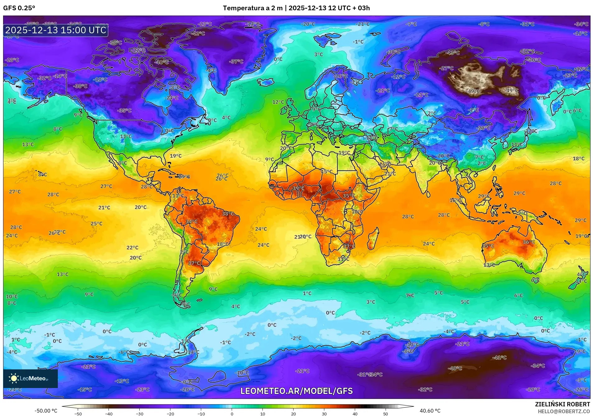 GFS model - Mundo, Temperatura a 2 m