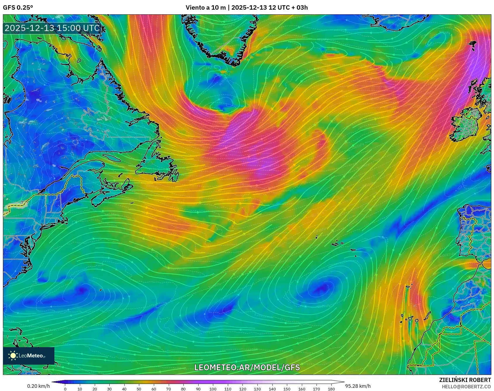GFS model - Norte Atlántico, Viento a 10 m