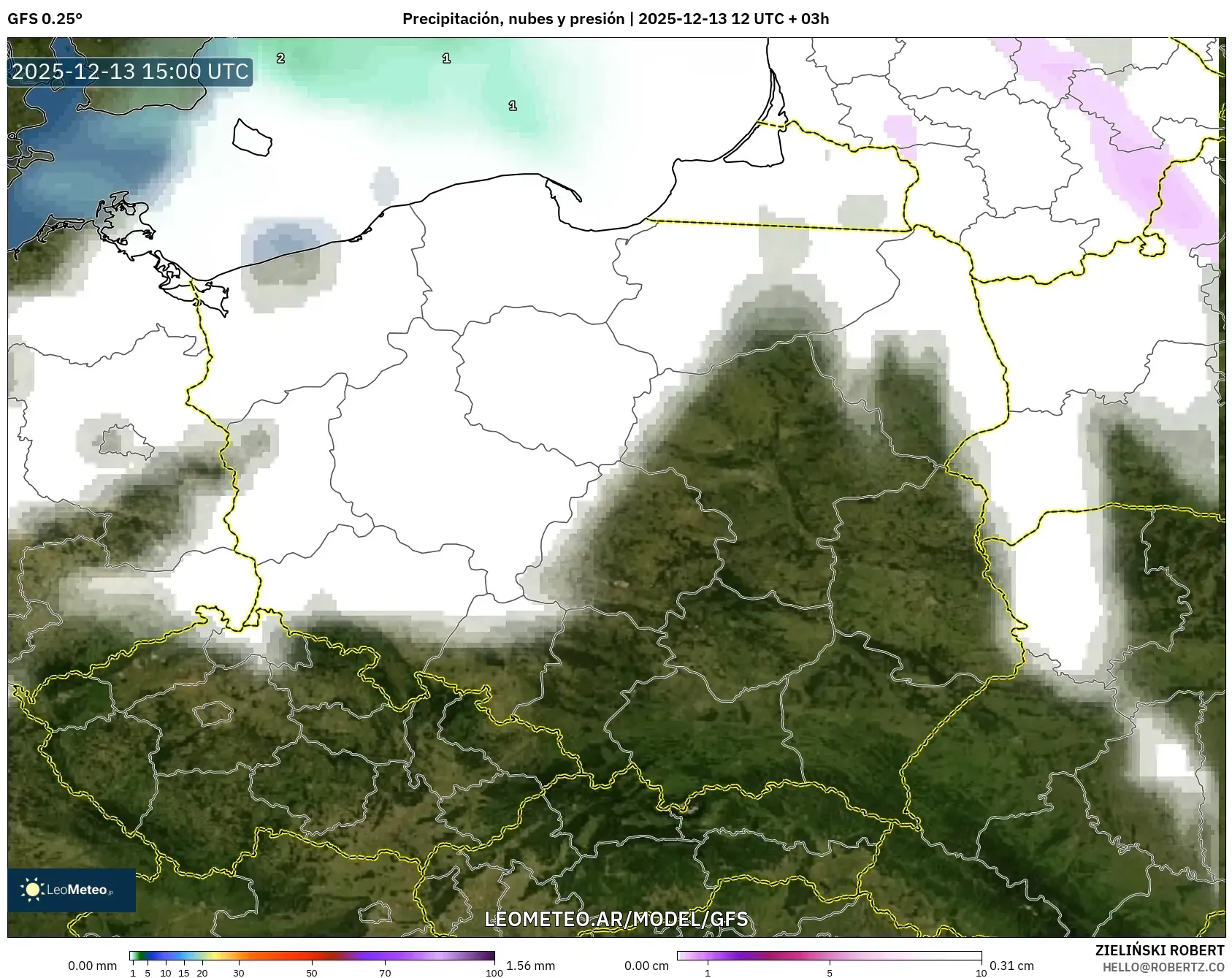 GFS model - Polonia, Precipitación, nubes y presión