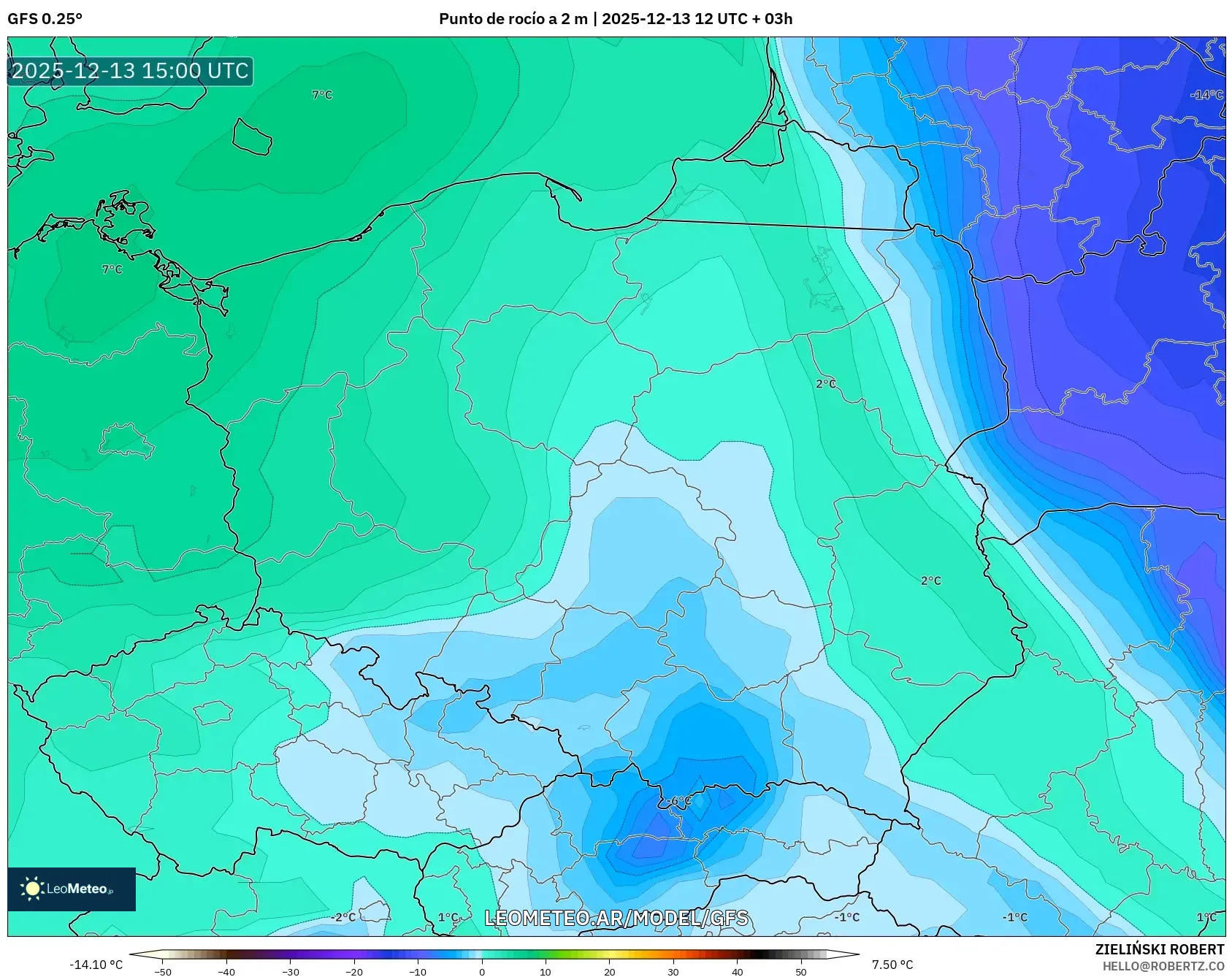 GFS model - Polonia, Punto de rocío a 2 m
