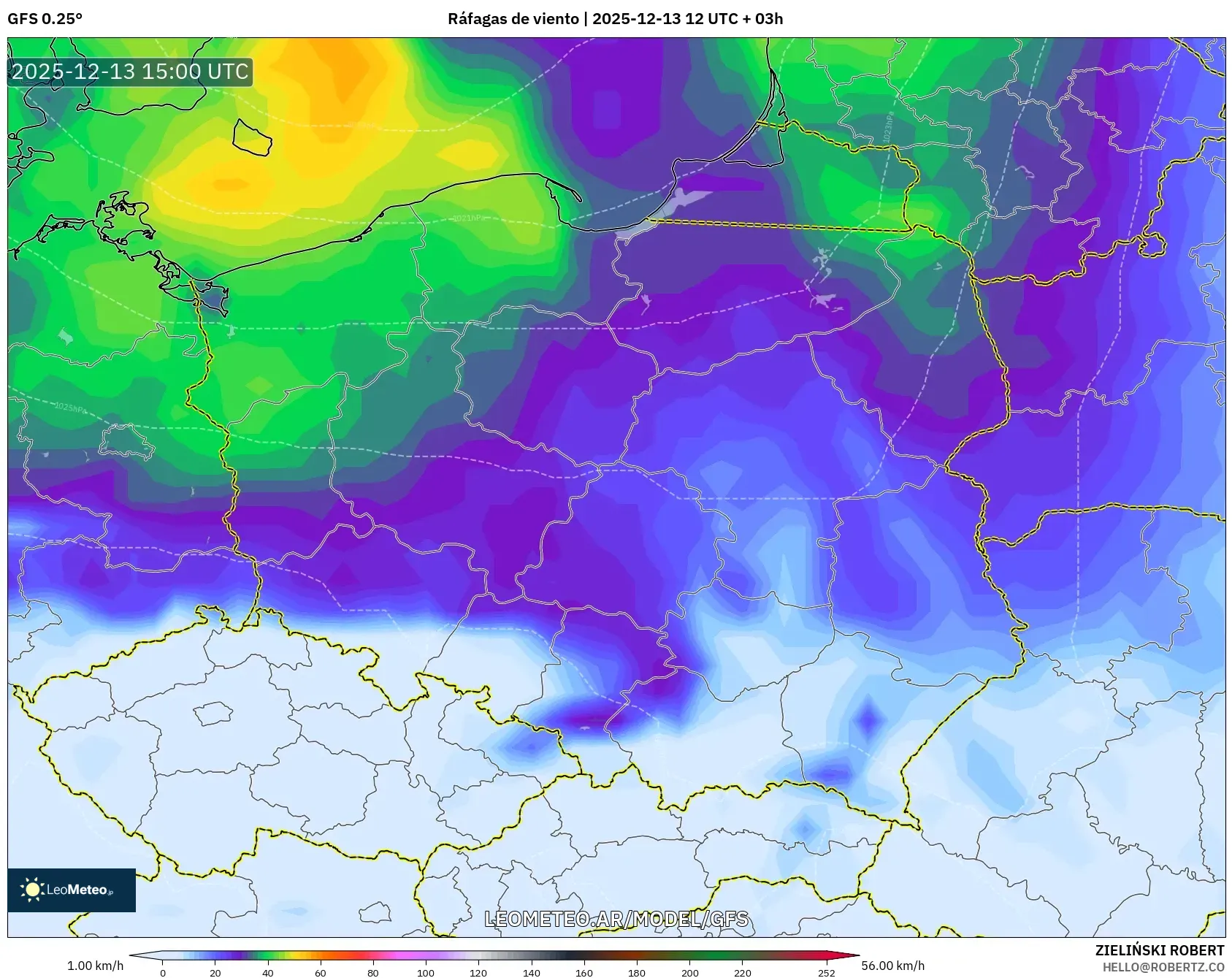 GFS model - Polonia, Ráfagas de viento