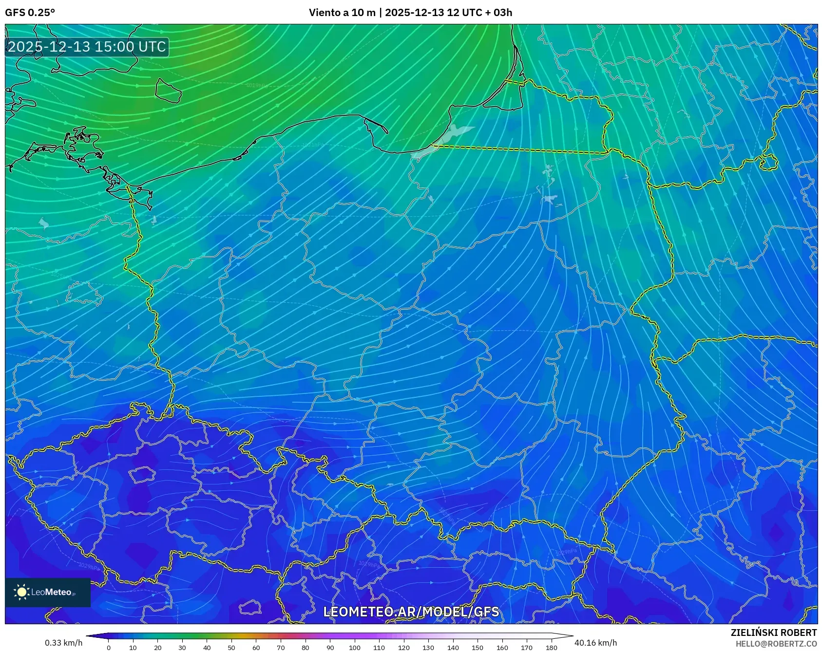 GFS model - Polonia, Viento a 10 m